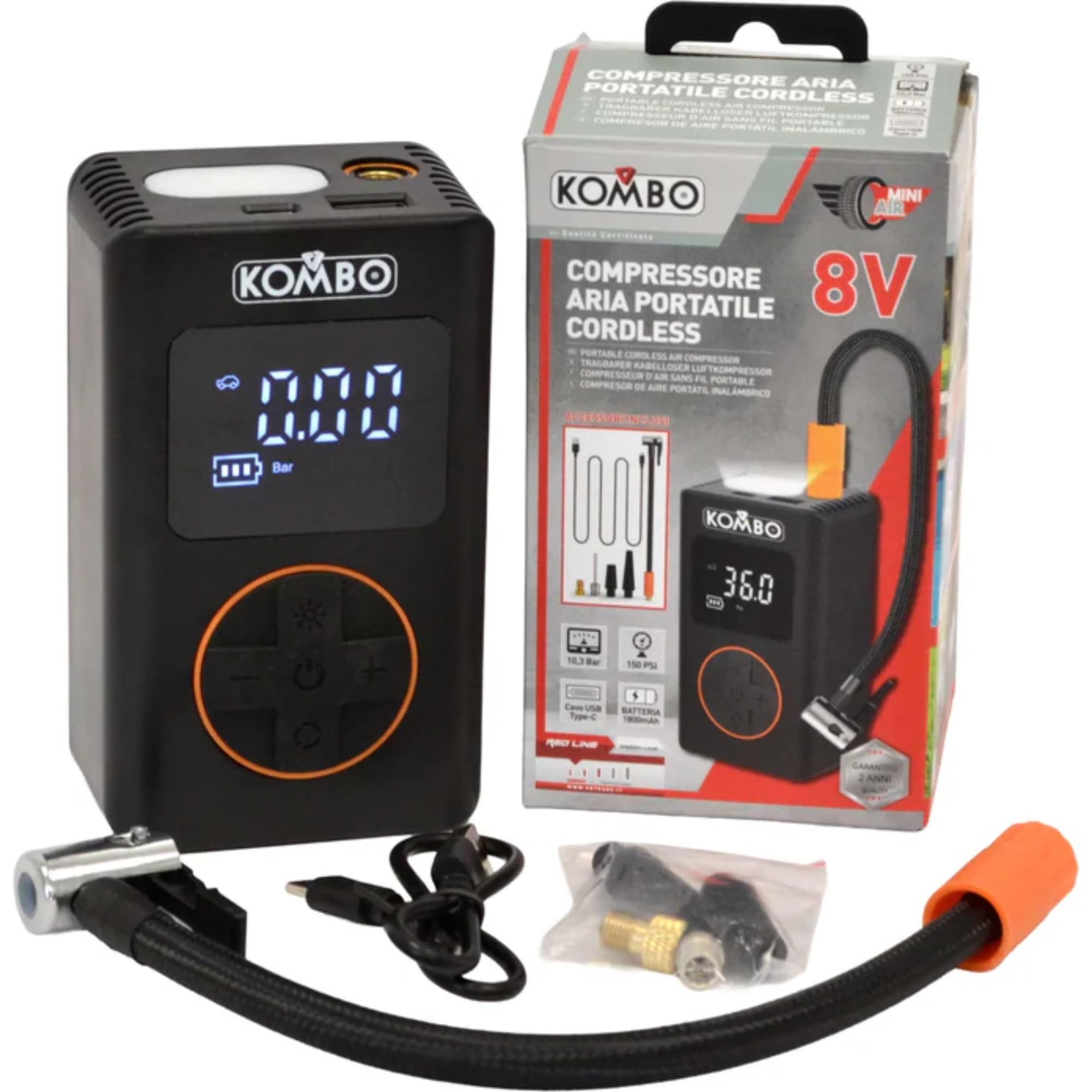 KOMBO - Compressore Aria Portatile Cordless 8V – Gonfiatore Gomme Auto Digitale 130 PSI con Auto-Stop, USB-C e 4 Adattatori, Mini Compressore Ricaricabile