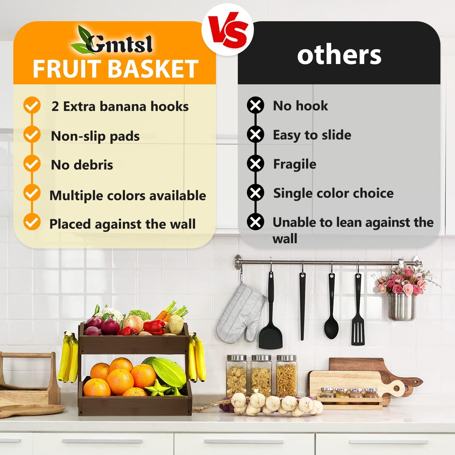 Bamboo Fruit Basket for Kitchen – 2 Tier Fruit Bowl For Kitchen Counter, Large Fruit Holder With 2 Banana Hangers, Idea For Fruit and Vegetable Storage, Bread Basket, Snack Organizer(WALNUT) - Image 4