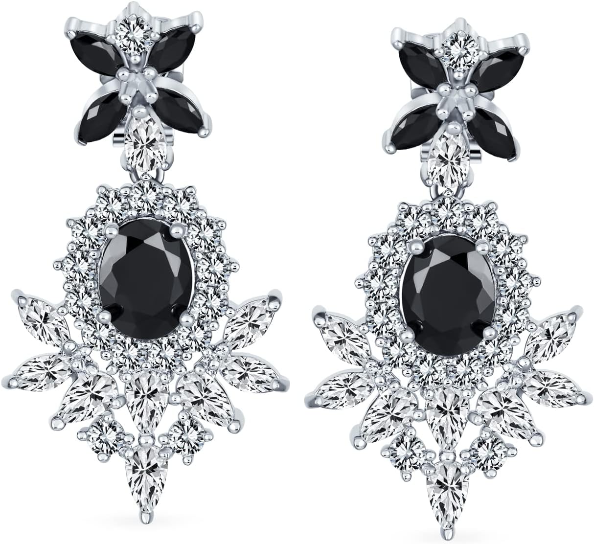 Bridal Art Deco Style Cluster Floral AAA CZ Red Or Black Statement Dangle Teardrop Chandelier Clip On Earrings For Women Simulated Ruby Onyx Silver Plated