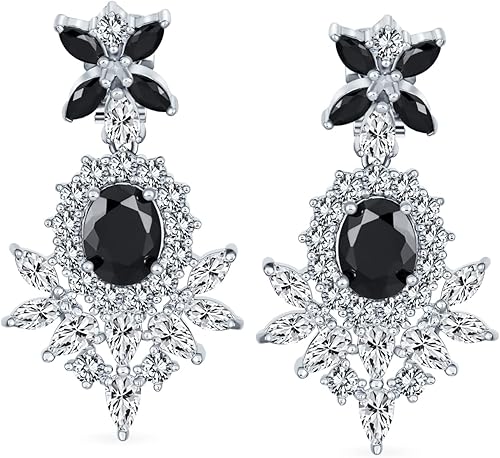 Miniatura 2 de Nupcial estilo art déco racimo floral AAA CZ rojo o negro declaración colgante lágrima araña clip en aretes para mujer rubí de imitación ónix