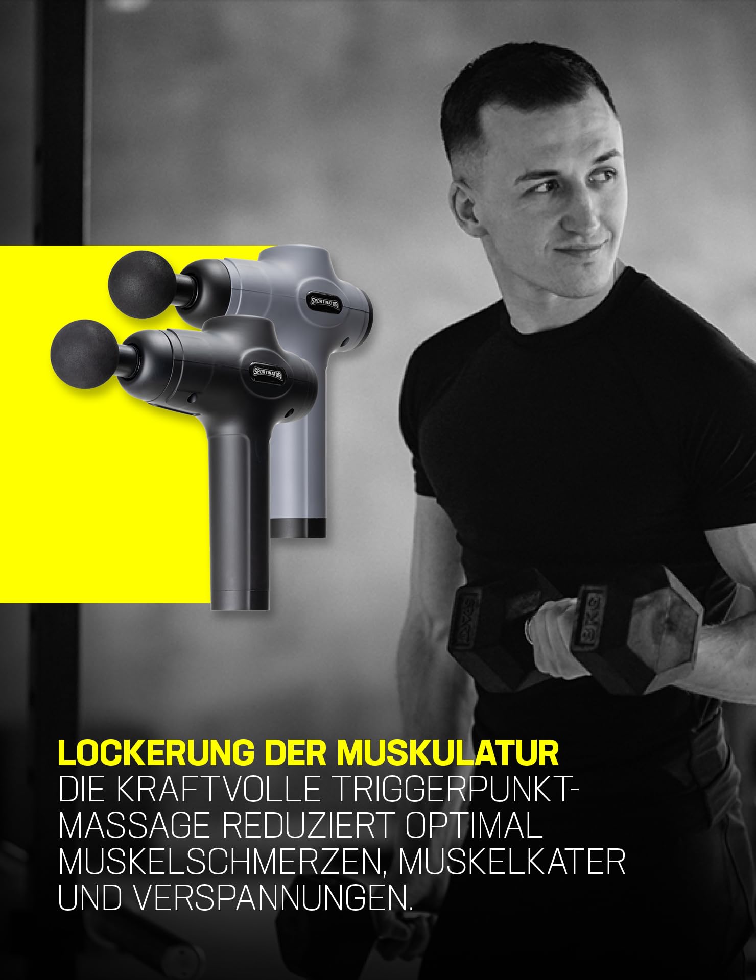 SPORTINATOR® Level Up Massagepistole inkl. verschiedener Aufsätze und Tragetasche, elektrisches Handmassagegerät mit USB-C-Anschluss und LCD-Touchscreen (Schwarz)