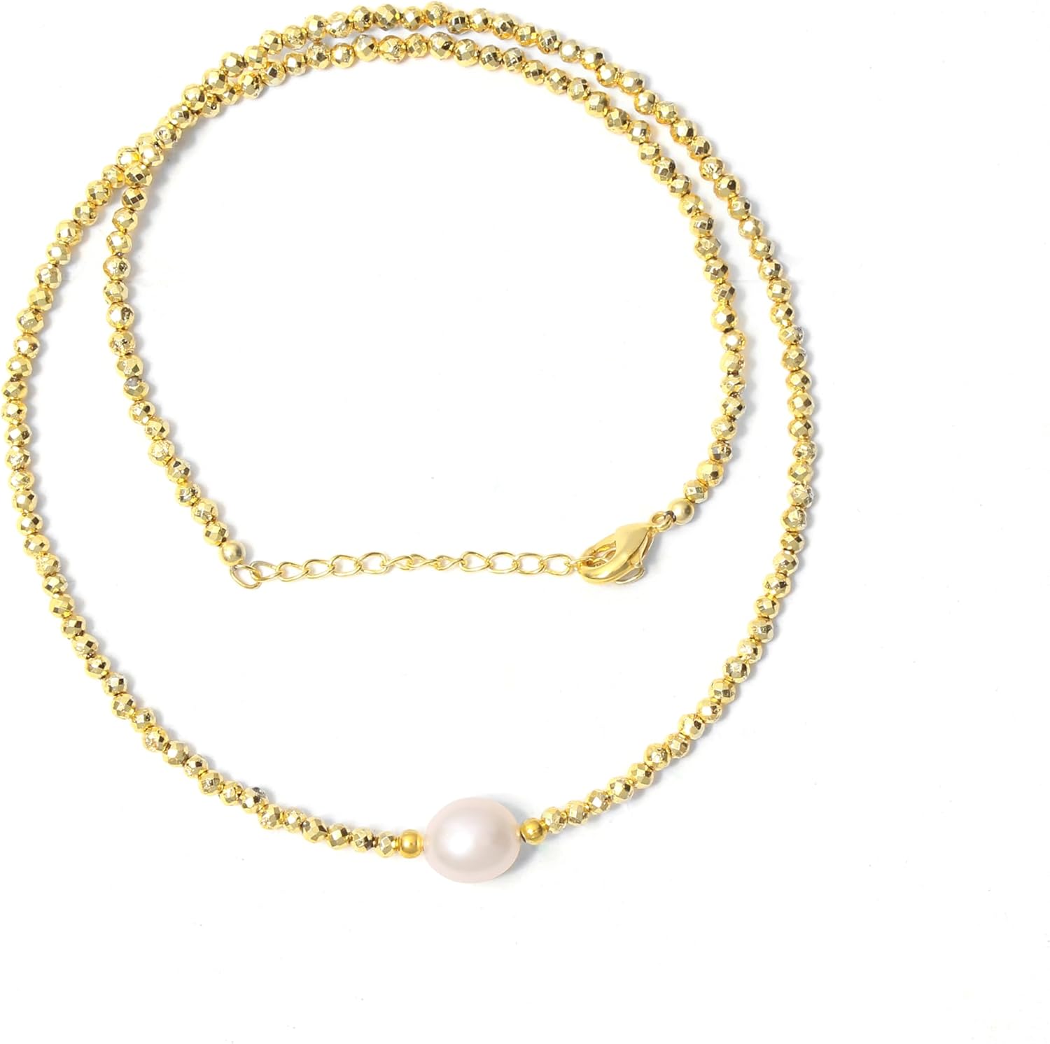 A&M Gems Natural Gemstone 3-3.5 mm Round Faceted Beaded Necklace for Women 7-10 mm Freshwater Pearl Choker Style Gold Plated Hypoallergenic Non-Tarnish Handmade Jewelry 18 Inches