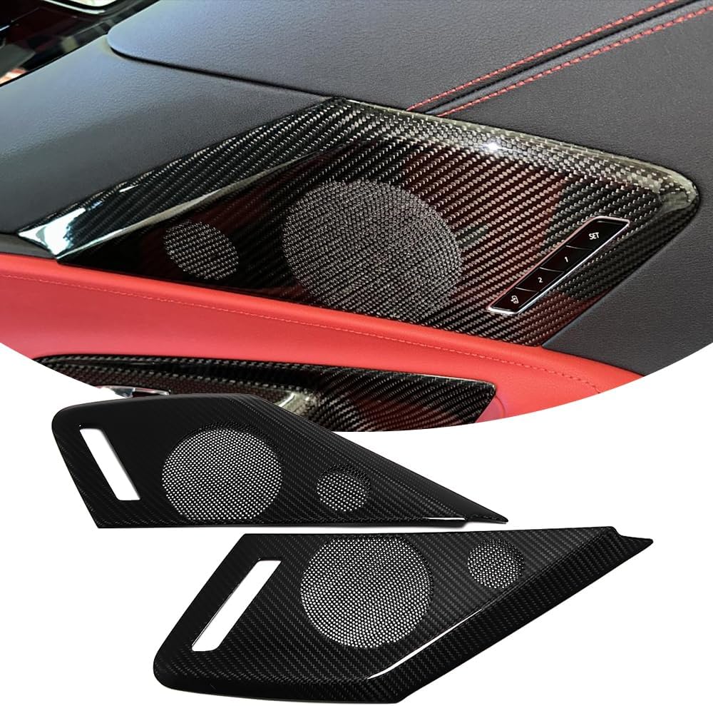 Jogon Carbon Fiber Side Door Speaker Cover Trim for Chevrolet Corvette C8 Z06 Z51 Stingray 2020 2021 2022 2023 2024 Interior Audio Horn Frame Sticker (Glossy Black)