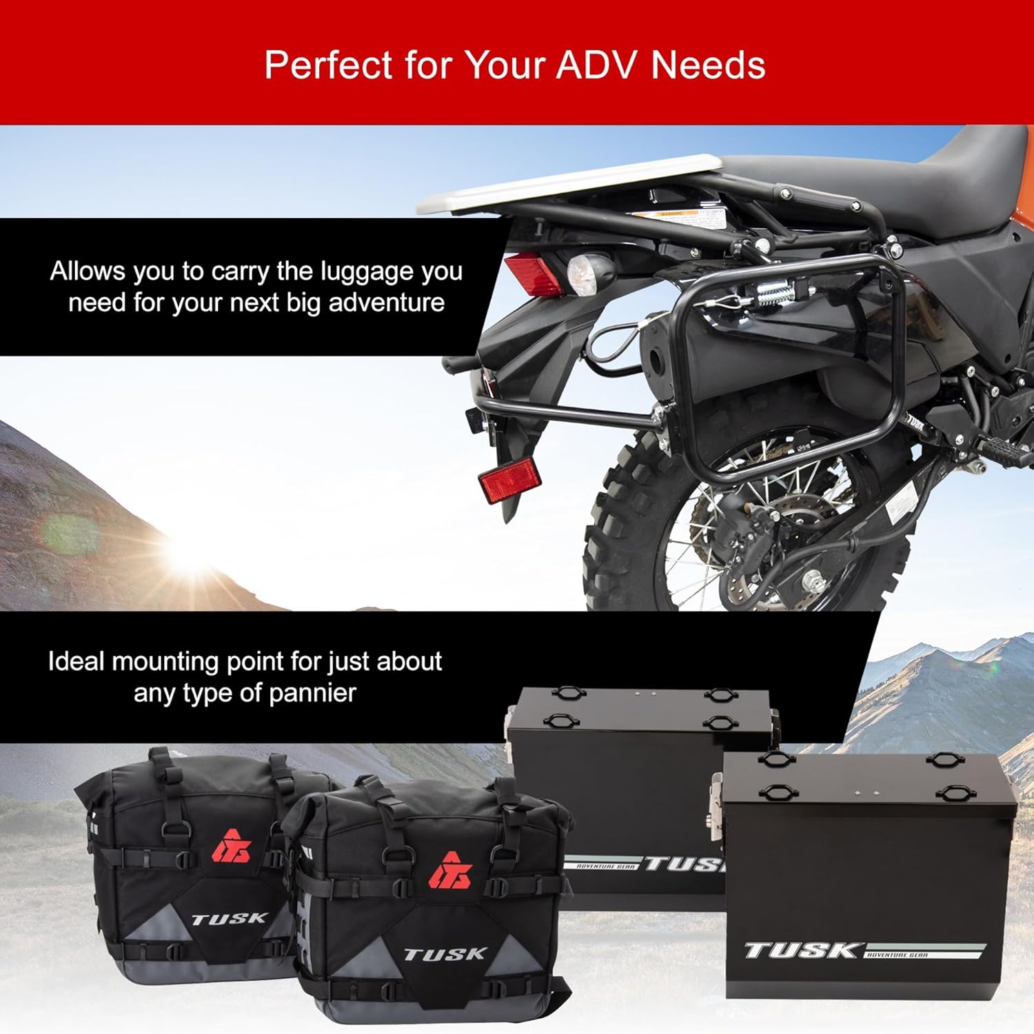 Tusk Pannier Racks Adventure Luggage Mounting System for Soft Bags and Hard Pannier Boxes Compatible with Kawasaki KLR650 2022-2026 Third Gen