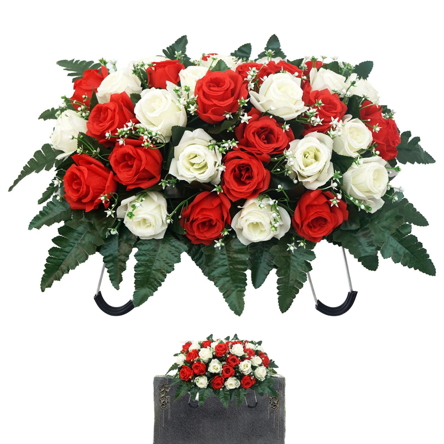 Wxyestna Headstone Flower Saddle, Realistic Artificial Rose Wreath with Adjustable Metal Mount Weather-Resistant for Cemetery