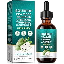 Soursop Sea Moss Moringa Oregano Turmeric Black Seed Oil Liquid Drops, 10-in-1 Botanical Blend with Vitamins C & D, Plant-Based Daily Wellness Supplement, 2.02 Fl Oz 60 mL