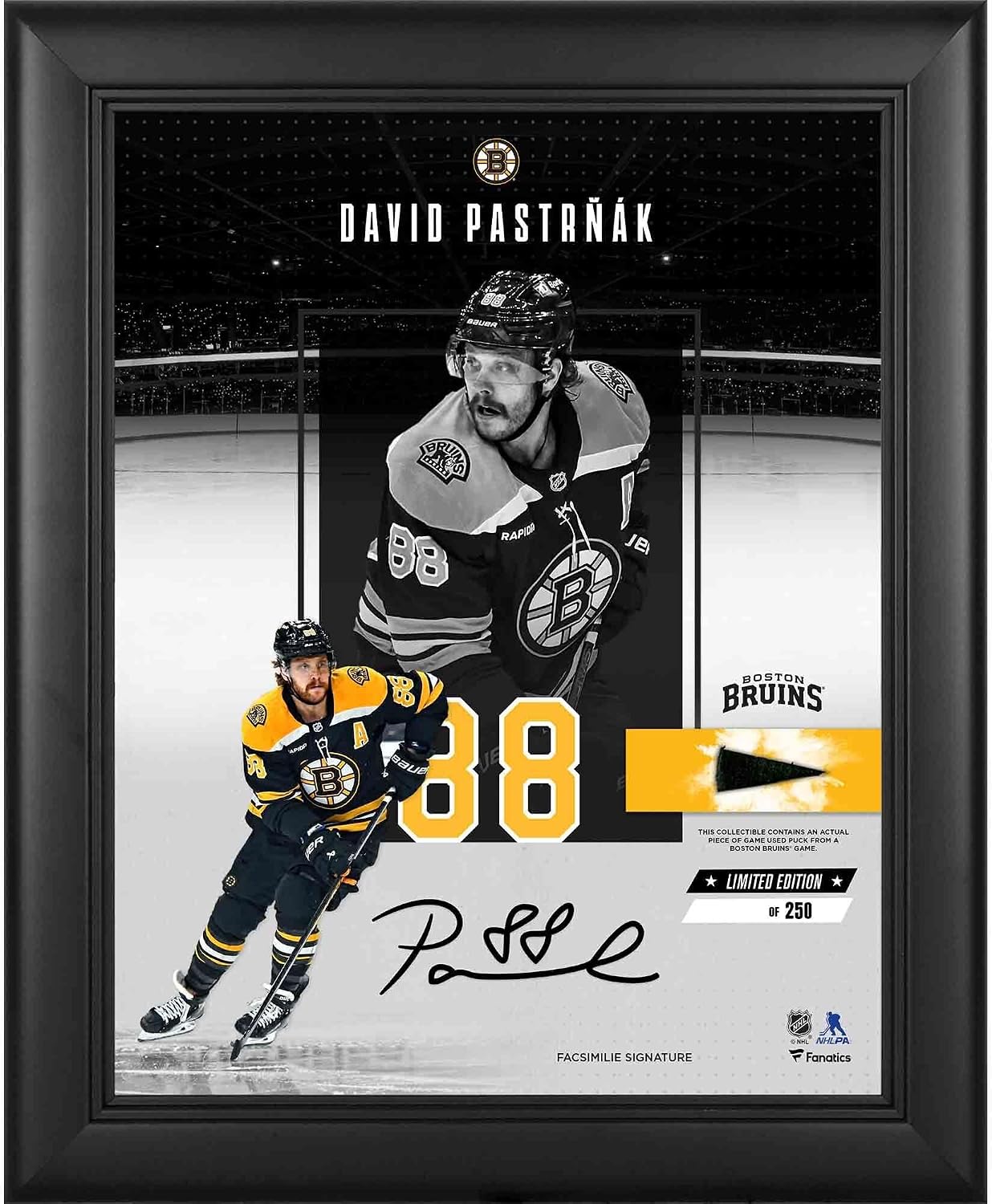 David Pastrnak Boston Bruins Facsimile Signature Framed 11" x 14" Showcase Collage with a Piece of Game-Used Puck - Limited Edition of 250 - NHL Game Used Puck Collages