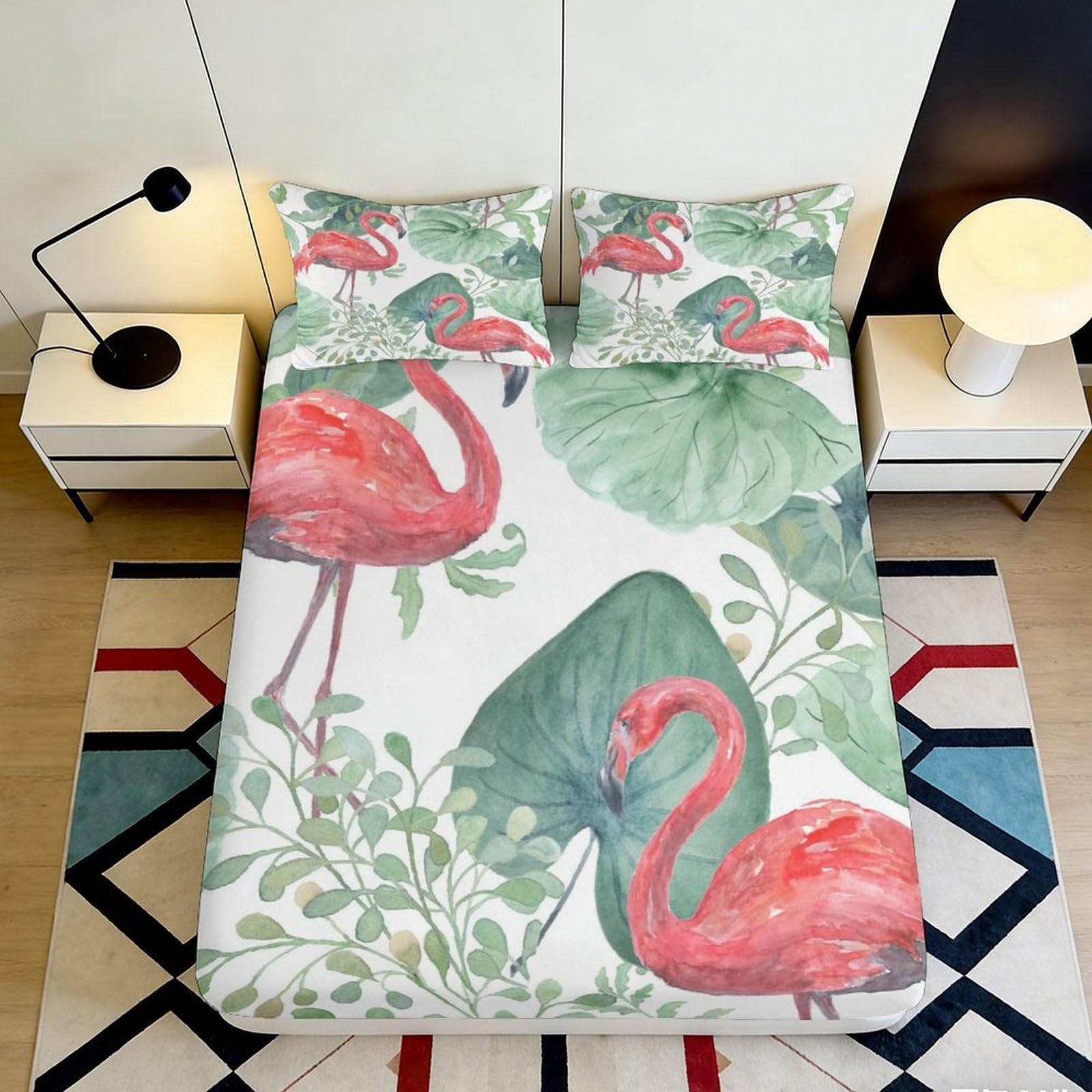 3D Printed Flamingo Leaf Fitted Sheet Microfiber Soft Breathable Tropical Bed Cover for Bedroom Guest Room Home Decor 90x200x25cm