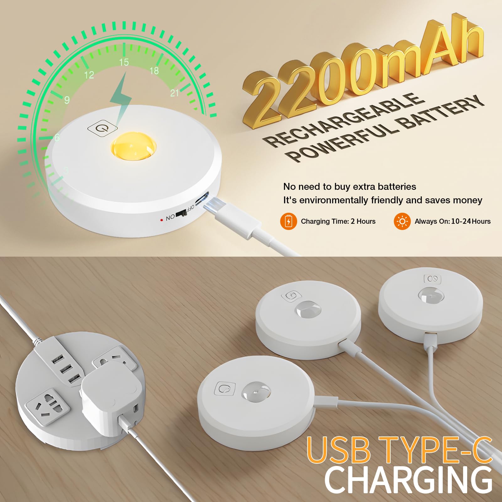 Luces de disco inalámbricas con control remoto, recargable de 2200 mAh debajo del mostrador, 3 temperaturas de color regulables debajo del gabinete, luz de armario, luz clave para pasillo (plata, 3