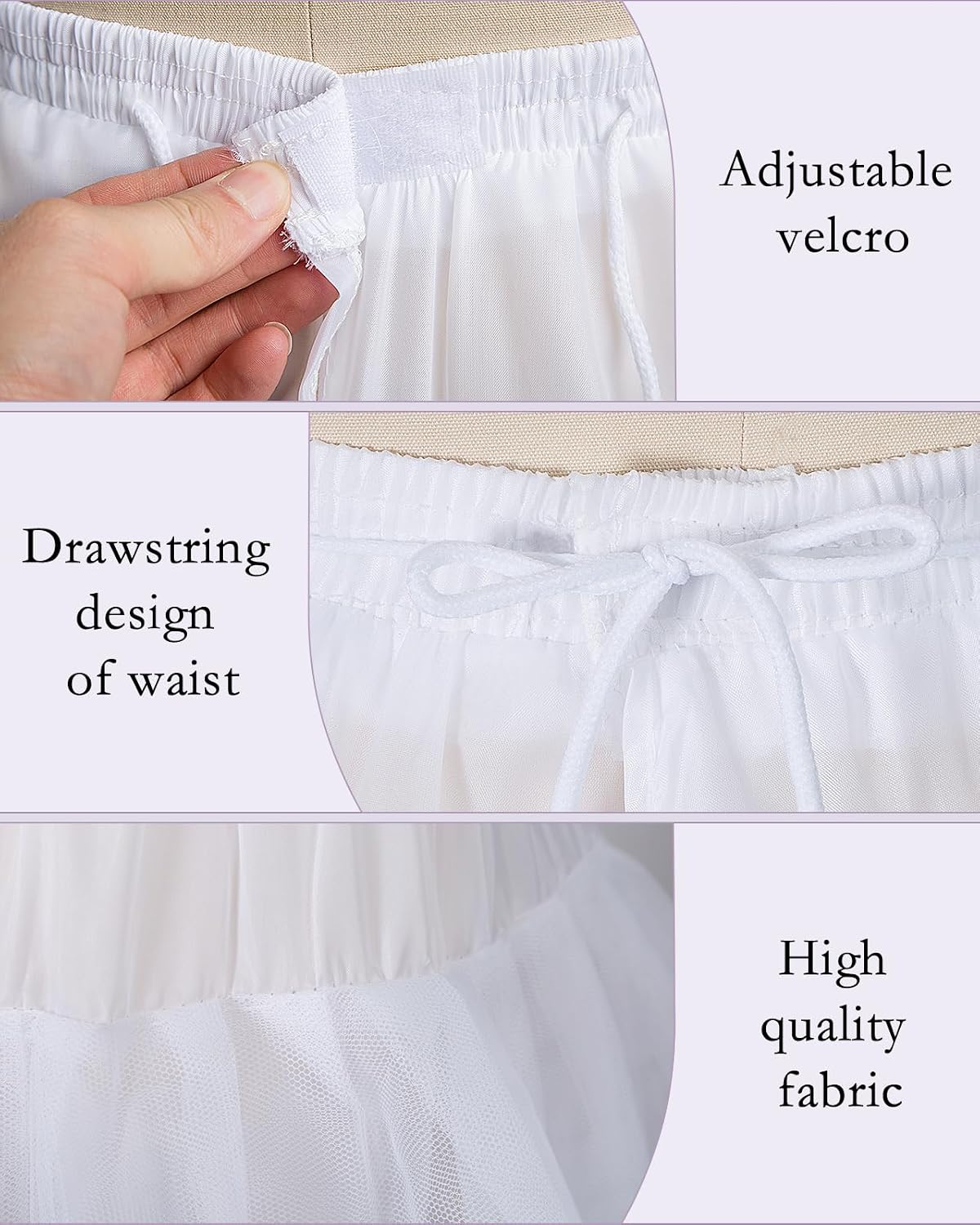 SHEJIZE 4-Layer Hoopless Tulle Petticoat White | A-Line Crinoline Slip with Adjustable Waist, Floor Length Underskirt for Wedding, Prom Gowns