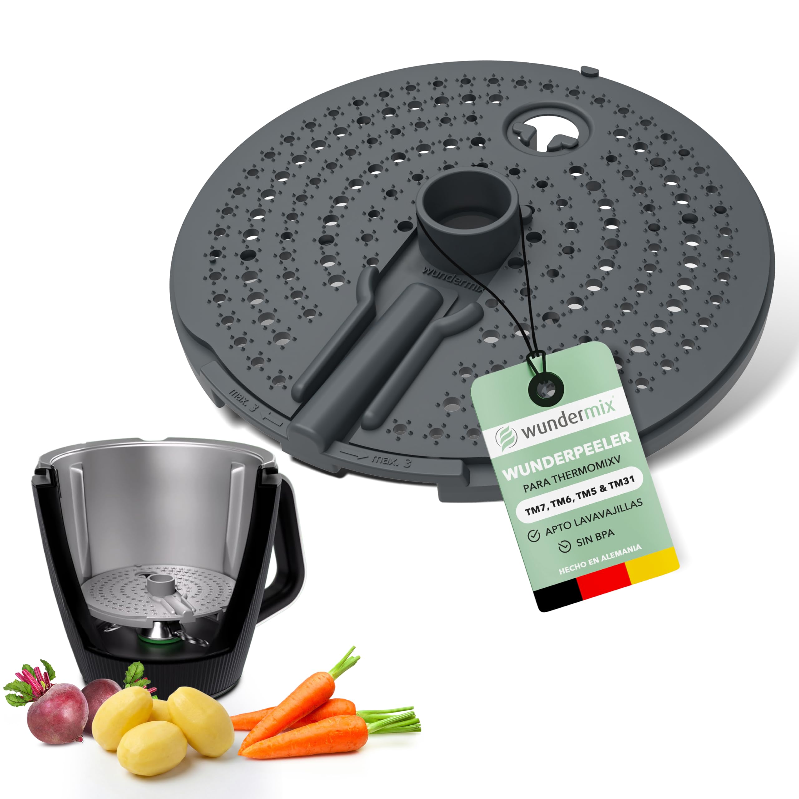 Wundermix Accesorio pelador WunderPeeler V2 para Thermomix TM7 | Compatible TM6, TM5, TM31, pelador de patatas con rallador resistente