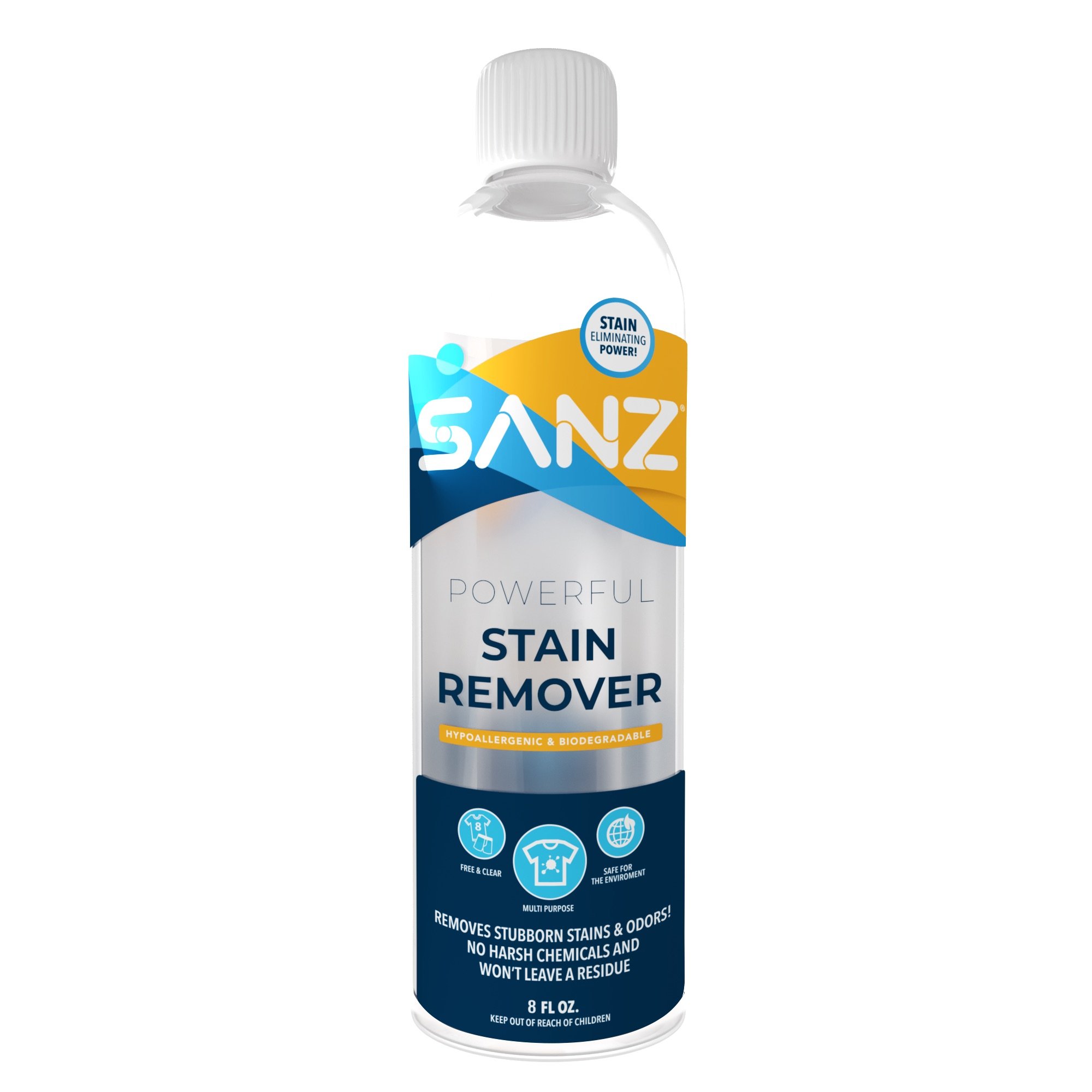 SANZStain Remover – For Stubborn Stains & Odors, No Residue, Hypoallergenic, Biodegradable, Zero Harsh Ingredients, 8 oz