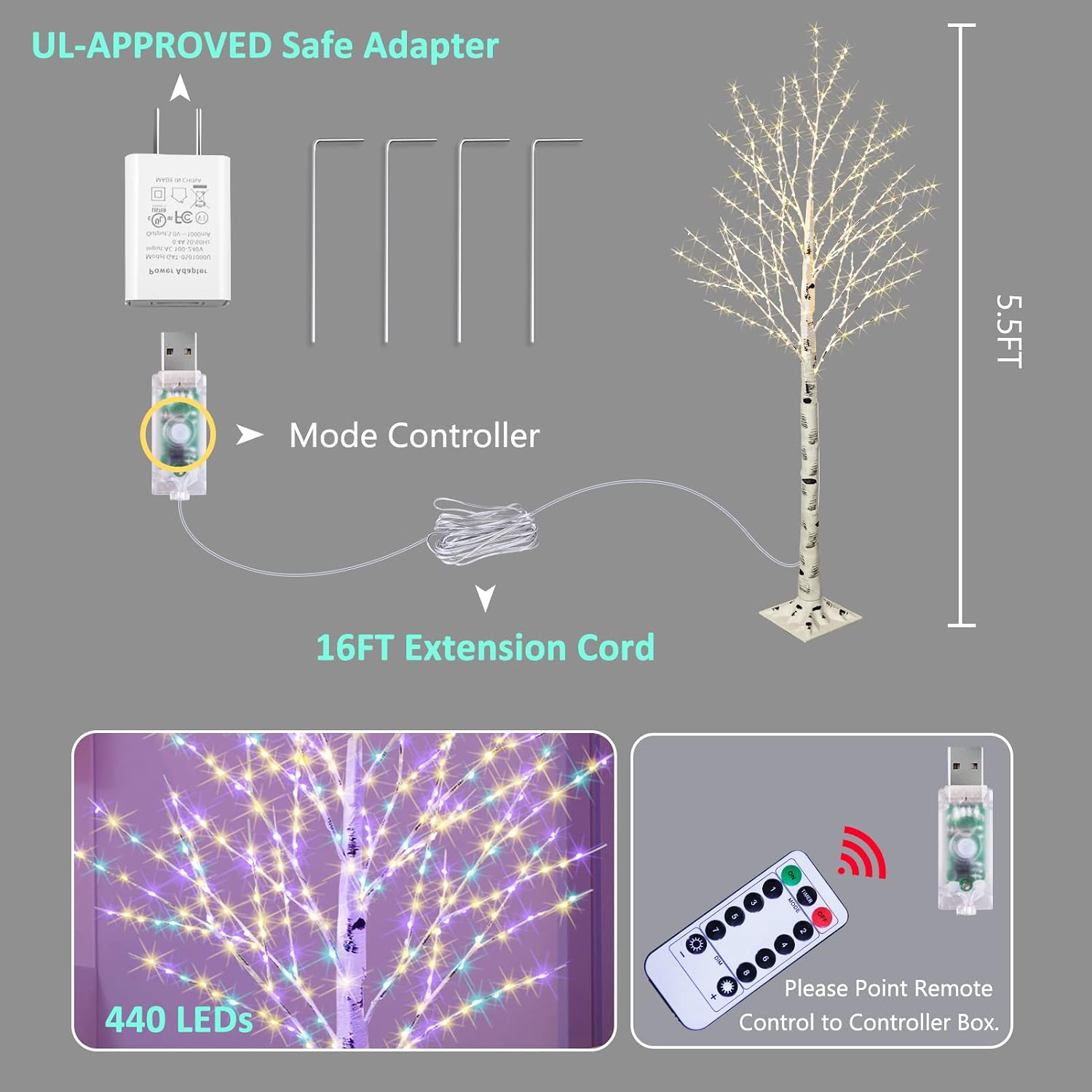 FastDeng 6FT Lighted Birch Tree - 440 Multicolor LED Christmas Tree Lights with Remote, 8 Modes Flashing Warm White Fairy Lights, Timer Function, Dimmable for Wedding Party Indoor Outdoor Decor