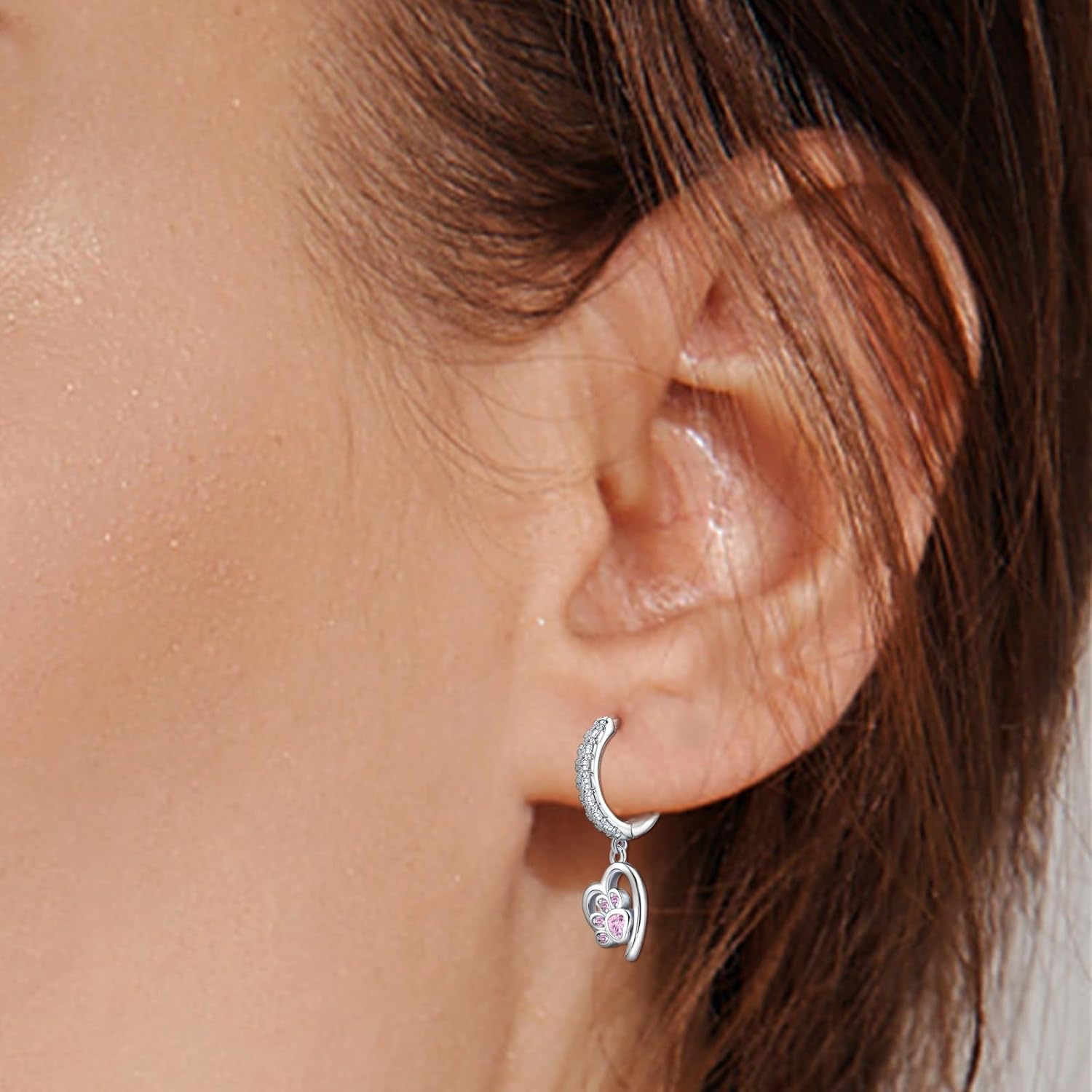Sterling Silver Heart Print Earrings for Women - Hypoallergenic Cubic Zirconia Hoop Earrings Cute Pet Puppy Cat Dog Paw Print Loop Earring Dainty Jewelry Gifts for Her Teens Mom Wife Daughter - Image 2