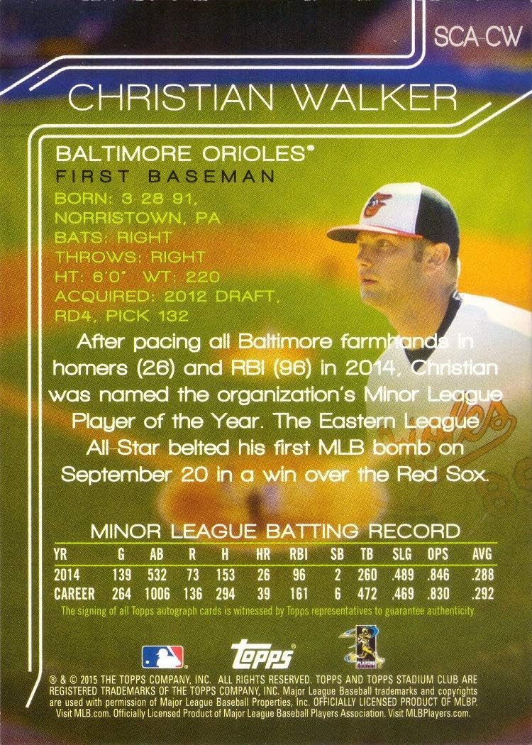 2015 Topps Stadium Club Baseball #SCA-CW Christian Walker Certified Autograph Rookie Card