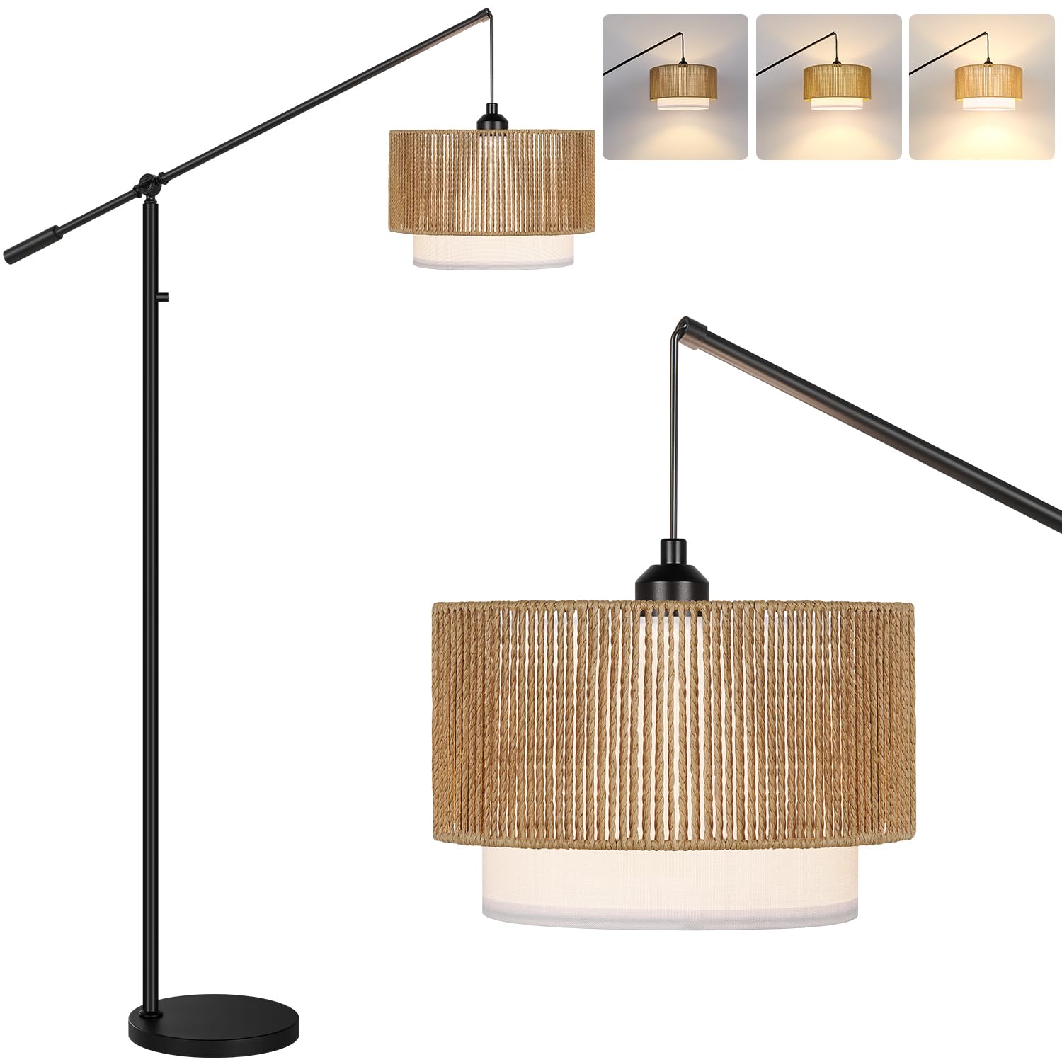 Photo 1 of ?Upgraded?Boho Dimmable Floor Lamps with Adjustable Swing Arm, 1100 Lumens Bulb Included, Modern Standing Lamp with Rattan & Fabric Shades, Farmhouse Tall Arc Floor Lamp for Living Room Bedroom, Black