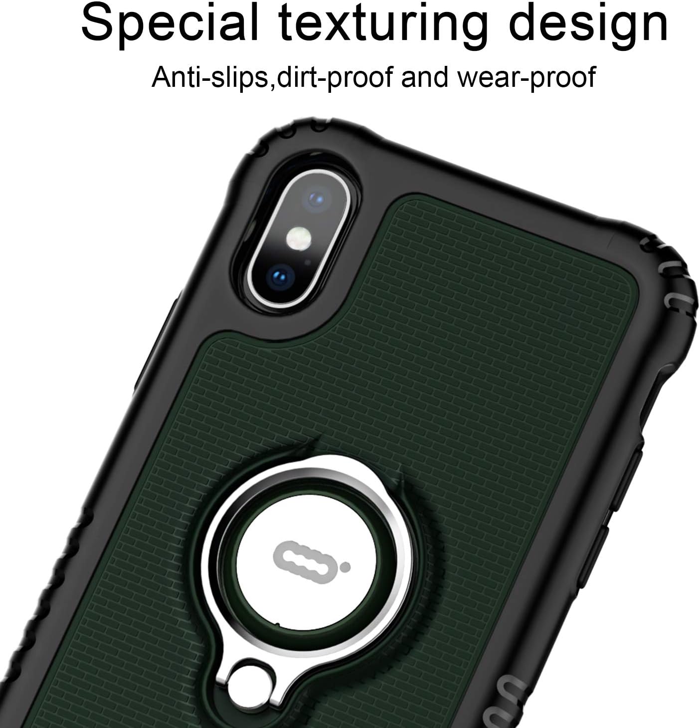 ICONFLANG Compatible Phone Case for iPhone Xs/for iPhone x 5.8" with Ring Kickstand 360 Degree Rotating Drop Airbag Protection Shock Absorption Case [Compatible Magnetic Car Mount case] (Dark Green)