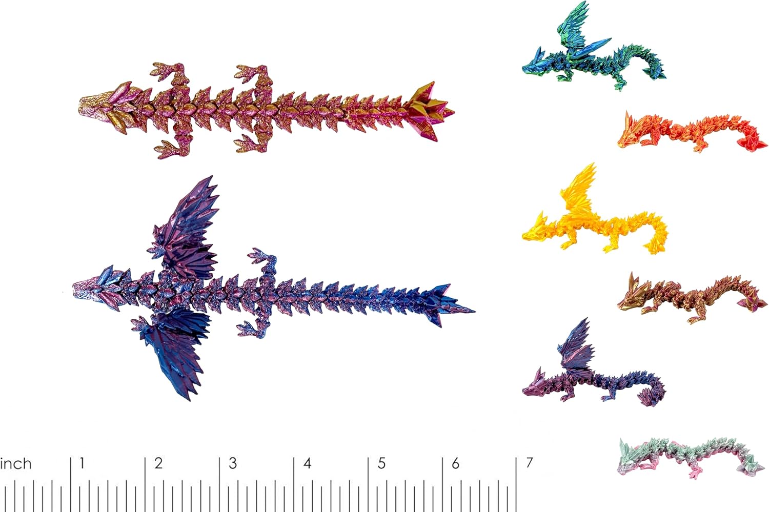 6Pcs 3D Printed Dragon Set,Colorful Articulated 3D Dragon,Include 3Pcs Fidget Dragon and 3Pcs Crystal Dragon,Birthday Gift/Desktop Toys/Home Decoration