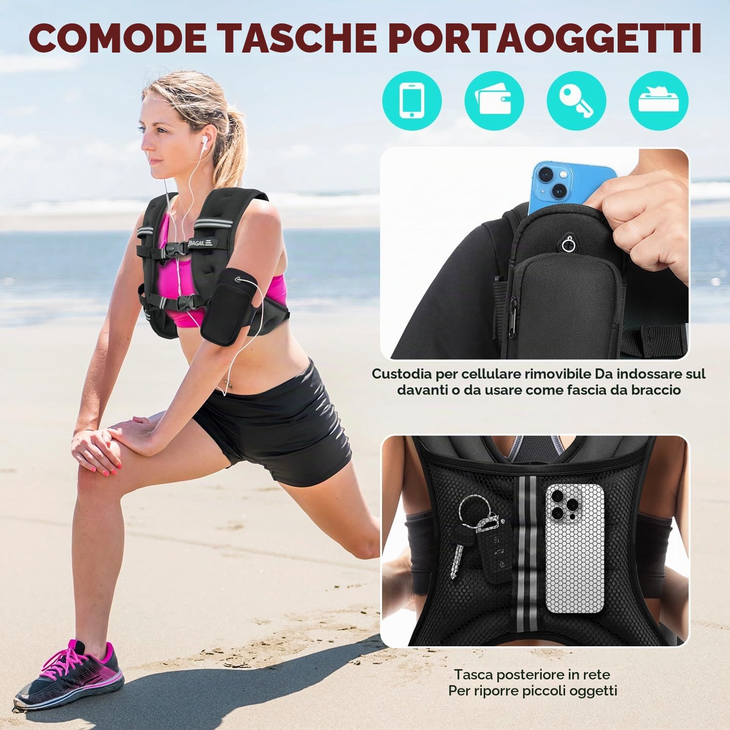 Bagail Gilet Appesantito Per l'Allenamento Della Forza, Misura Del Busto Regolabile, Comoda Tasca, Gilet Appesantito Con Sabbia di Ferro, Ideale per la palestra, lo yoga e l'aerobica