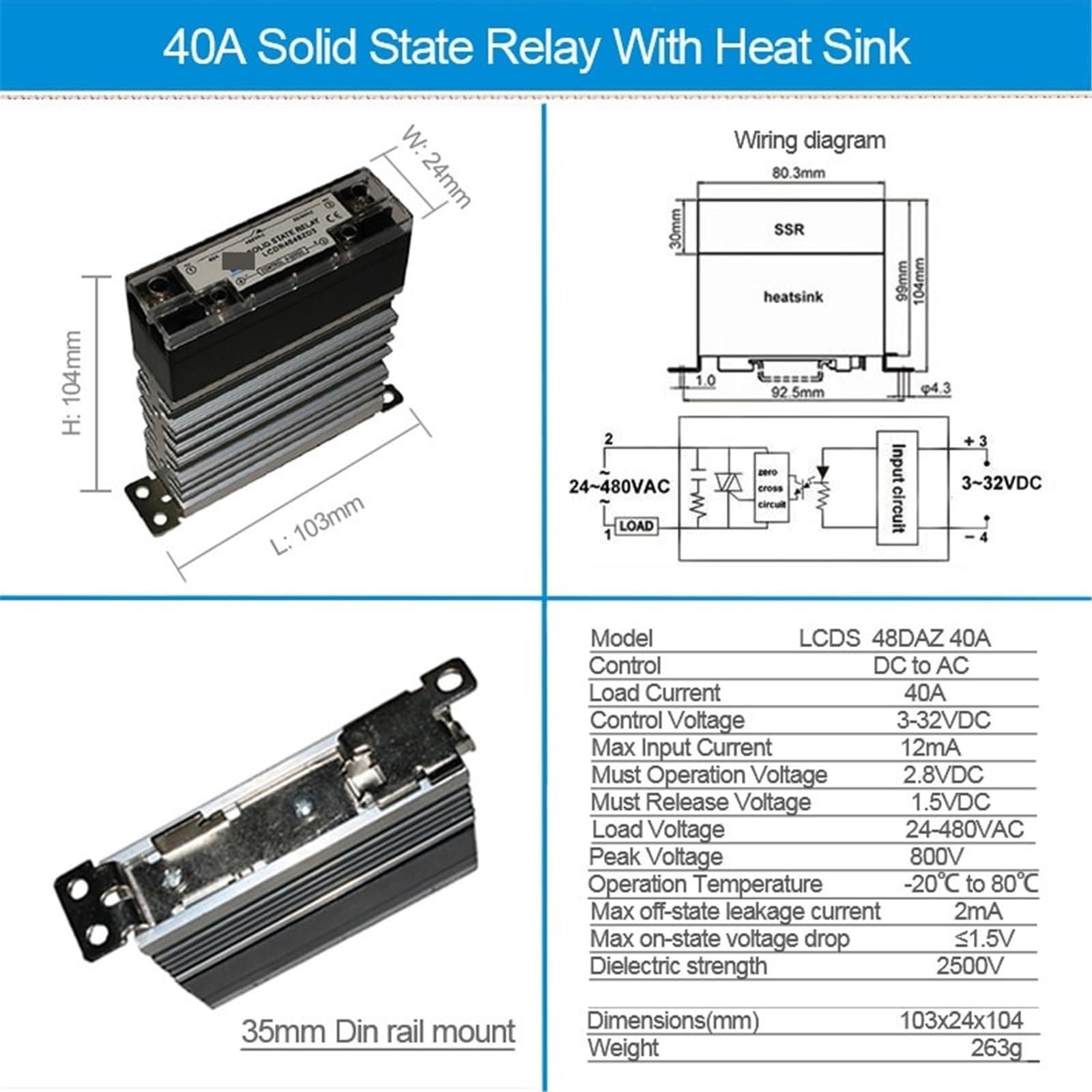 Relé Industrial SSR con disipador de calor, relé de estado sólido montado en Riel DIN, CC a CA, 10A, 25A, 40A, 60A, 80A, 100A, 120A, 1 Uds.(DC-AC 40A)