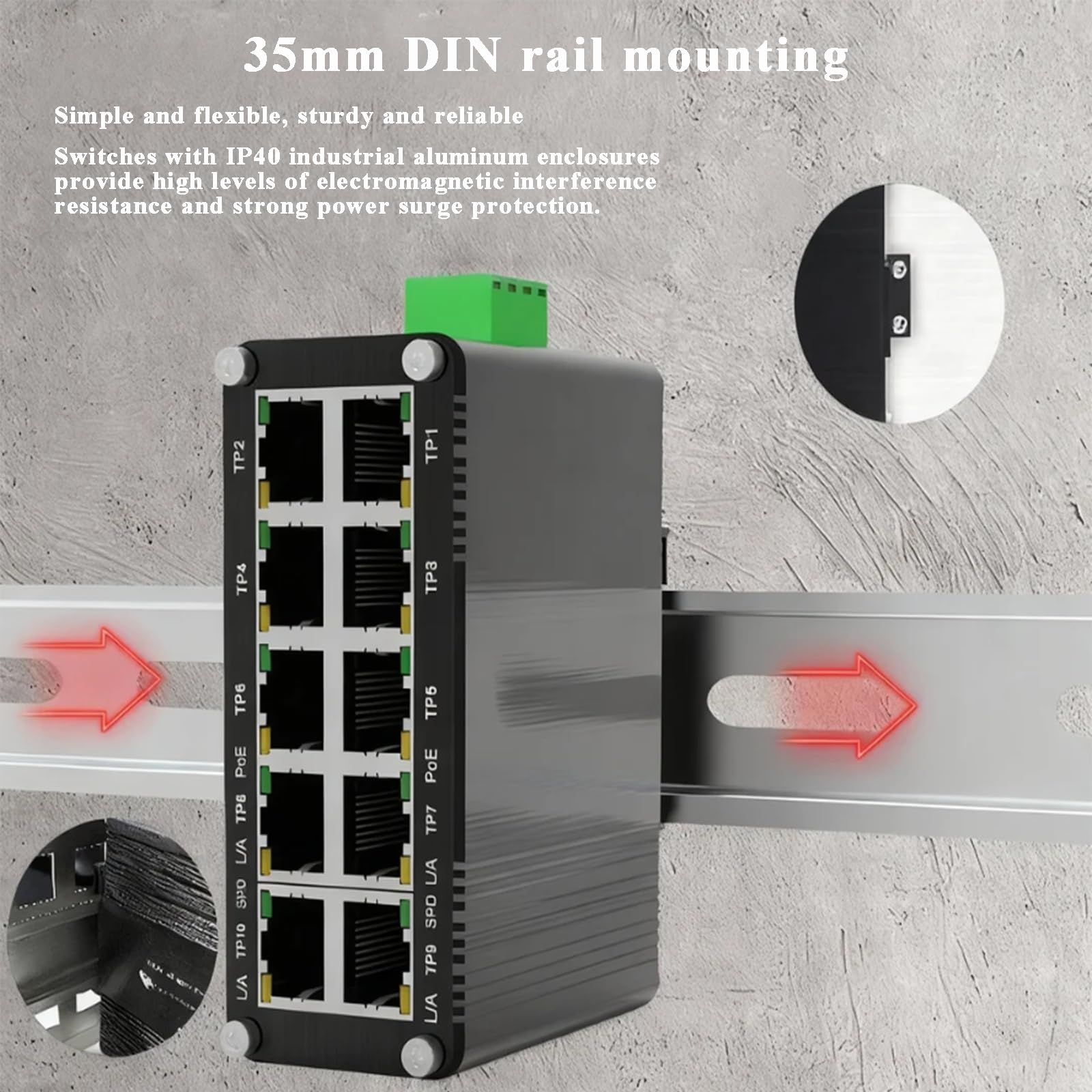 Mini conmutador Ethernet Gigabit PoE+ de 10 puertos – Interruptor de red no administrado de grado industrial con 8 puertos PoE y 2 puertos de enlace ascendente, Plug and Play, interruptor PoE de