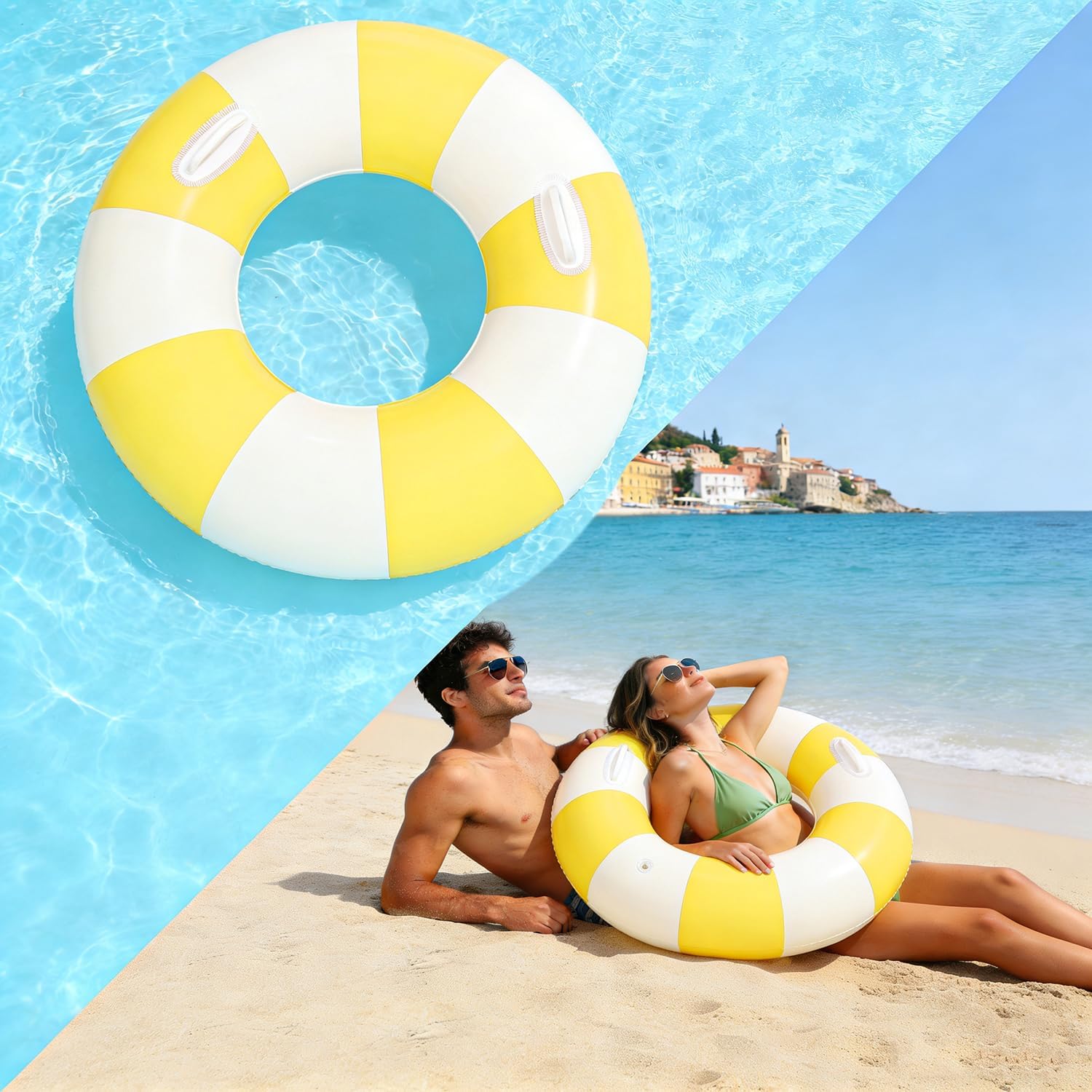 2PCS XL Striped Beach Inflatable 45" Pool Floats for Adult Bachelorette Swim Ring Pool Floaties with Handle Inflatable Swimming Pool Raft Party Water Summer Float Party Supplies