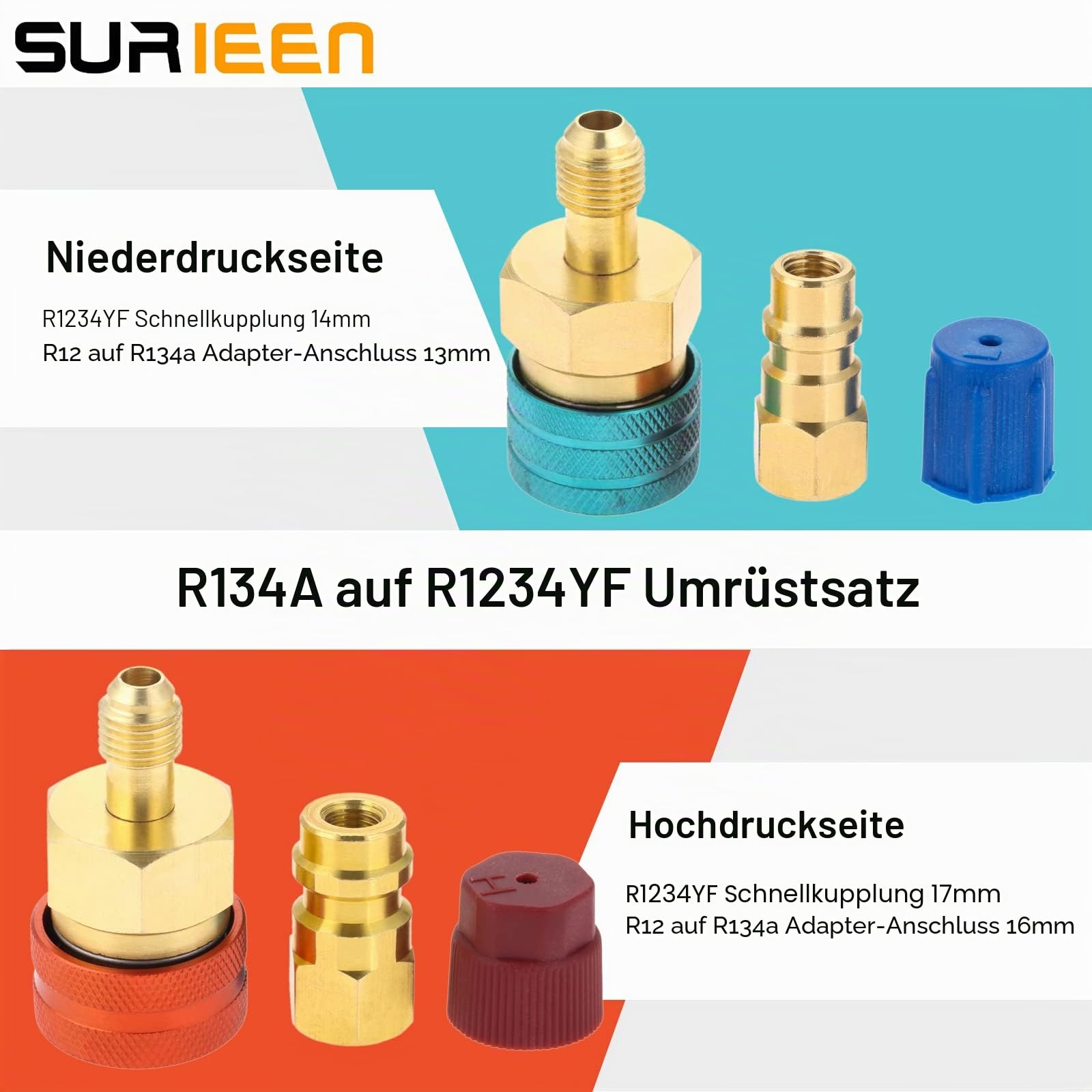 R1234YF Schnellkupplungs-Set, R1234YF auf R134A Umrüstsatz, Hoch/Niedrig Seite Schnellkupplung Adapter, AC-Schlauchverschraubungen Anschlüsse für R1234YF AC Kühlschrank Ameisen-Aufladung 2 Stück
