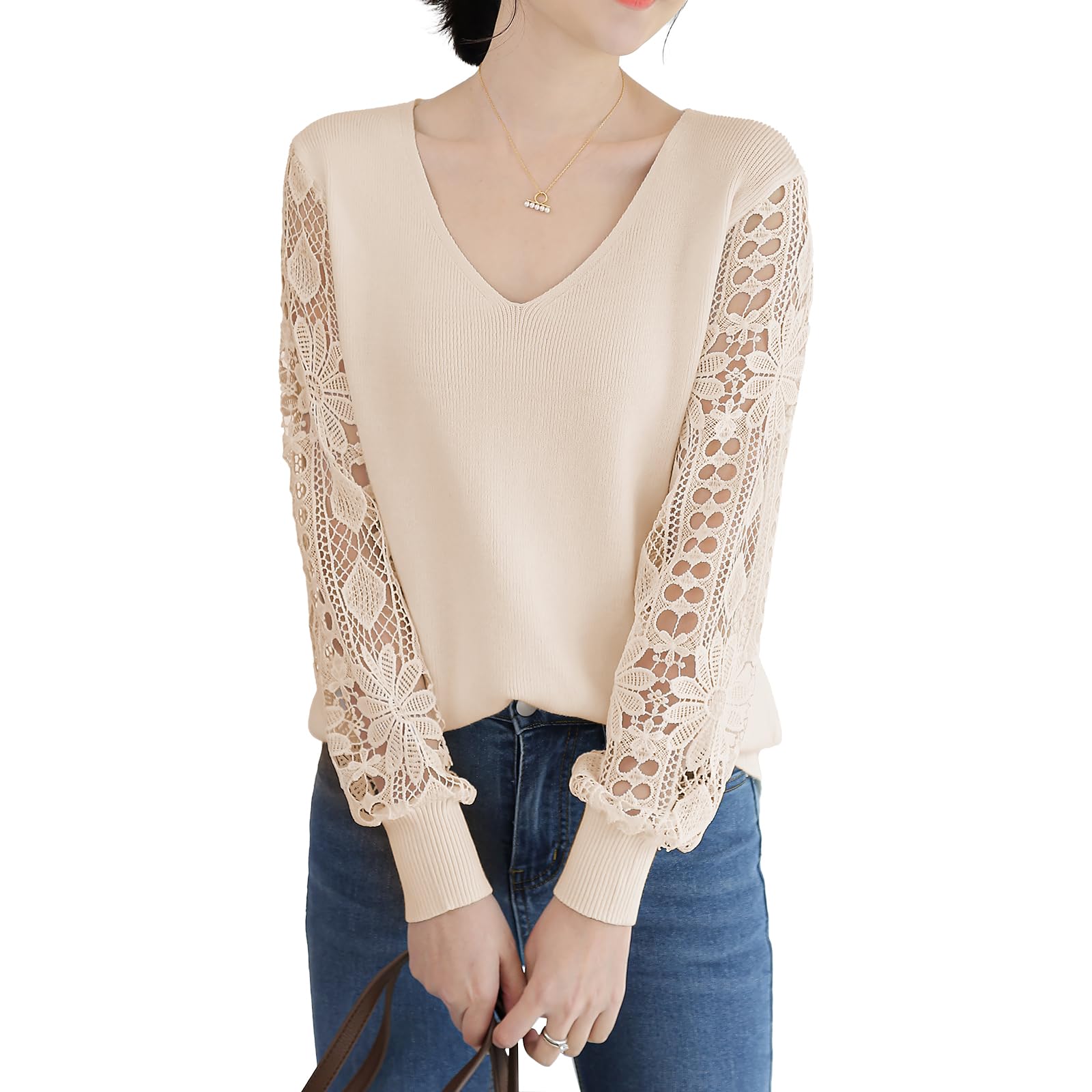 Qin Derdom Maglione in Pizzo da Donna - Elegante Pullover con Scollo a V e Occhielli all'Uncinetto, Manica Lunga, Maglia Leggera Traforata