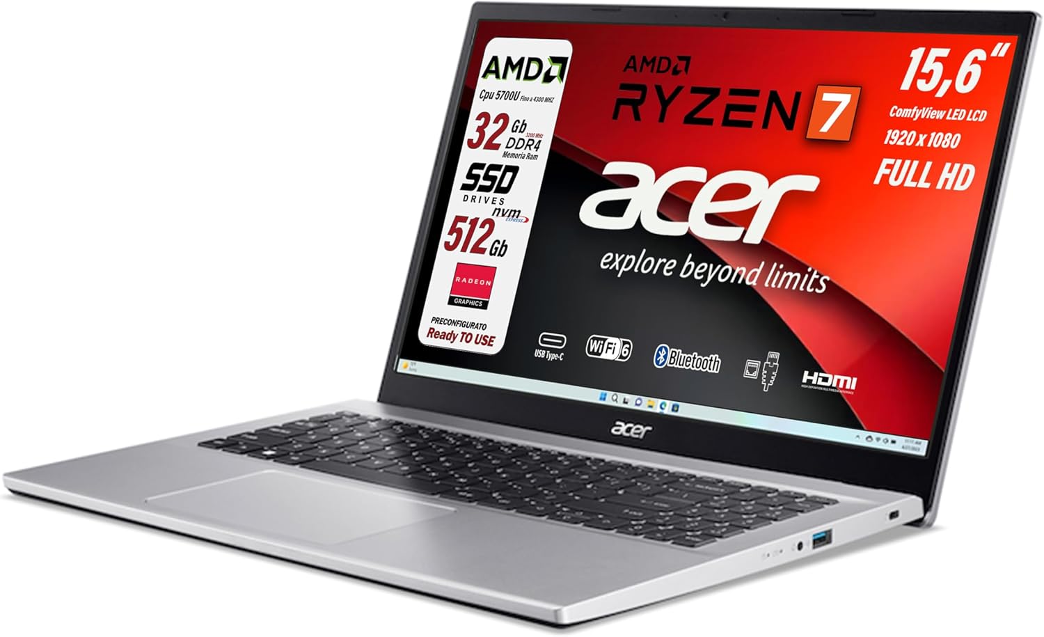 Acer, notebook Portatile, Ryzen7 5700u, fino a 4,3 Ghz, Ram 32 Gb, SSD PCI Nvme da 512Gb, Display Led 15,6" FHD, 4 usb, wi-fi 6, lan, bt, hdmi Win11, Preconfigurato, garanzia Italia Ryzen 7 5700u 8Core Ram 32Gb SSd 512Gb - Immagine 3