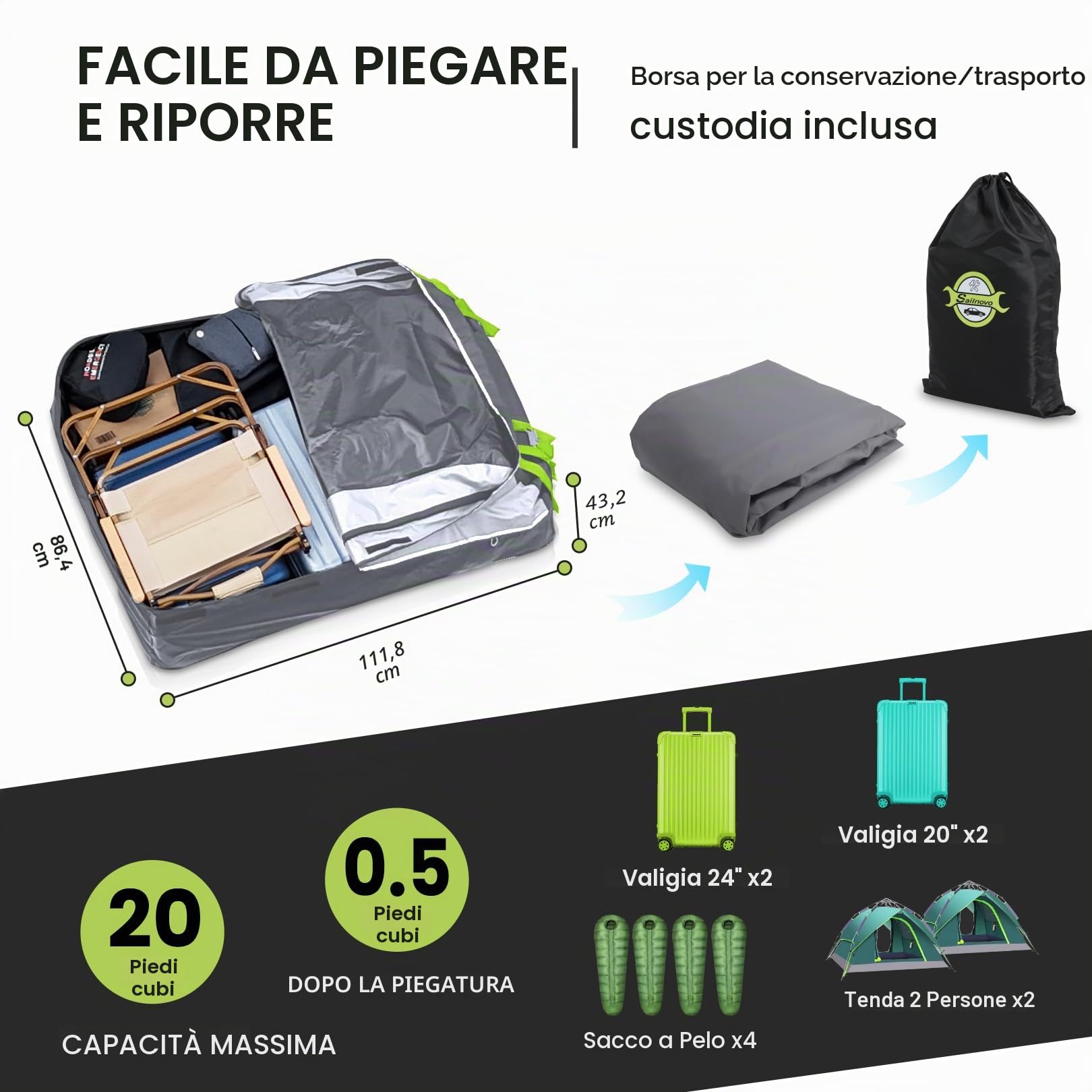 Sailnovo Box da Tetto per Auto Pieghevole 20 piedi cubi Portapacchi Impermeabile Adatto Per Auto Senza Portapacchi con tappetino antiscivolo (Grigio-Verde)