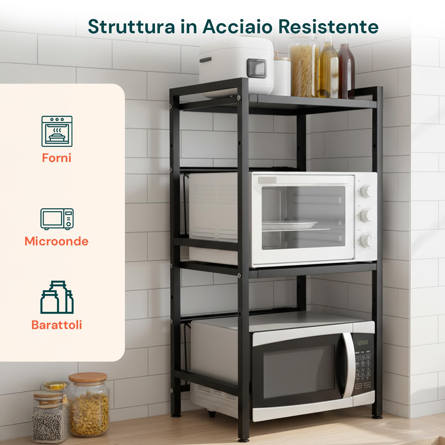 Avilia – Scaffale a 3 Ripiani, 25kg Espandibili e Regolabili, Cucina Microonde, Organizer Spezie Utensili Elettrodomestici, 6 Ganci Laterali Salvaspazio Dispensa Lavanderia Acciaio