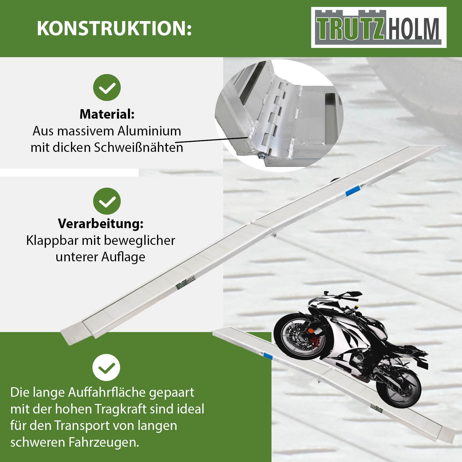 TRUTZHOLM Alu Auffahrrampe klappbar 307 cm extra lang 450 kg Traglast geriffelt Motorradrampe bewegliche Auflage anpassungsfähig Flacher Auffahrwinkel Tragegriff grau
