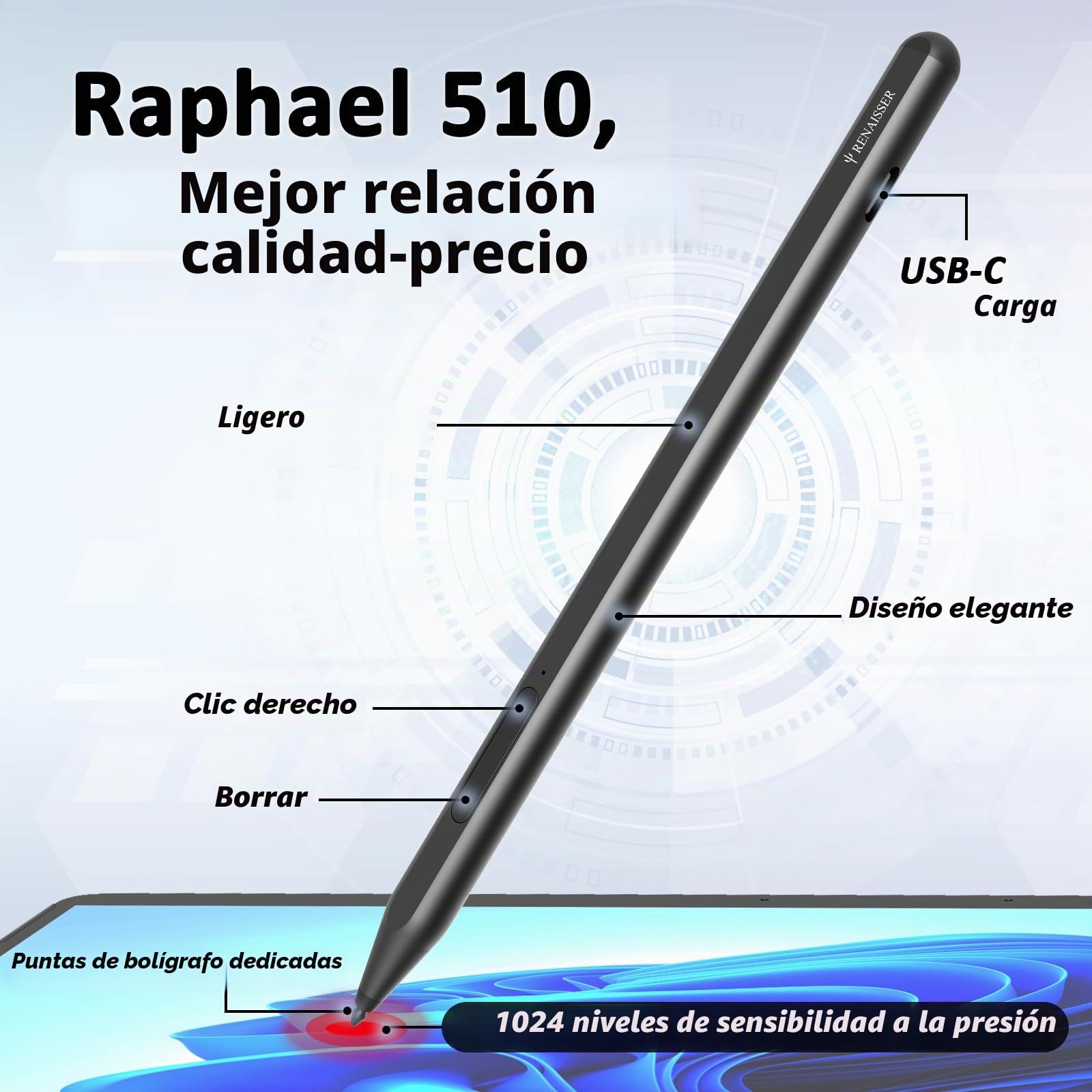 RENAISSER Lápiz Stylus para Microsoft Surface, Diseñado en Houston, Fabricado en Taiwán, Compatible con Windows 11 & 10, Carga USB-C, Lápiz para Surface Pro 11/10/9/8/7, Surface Go/Laptop