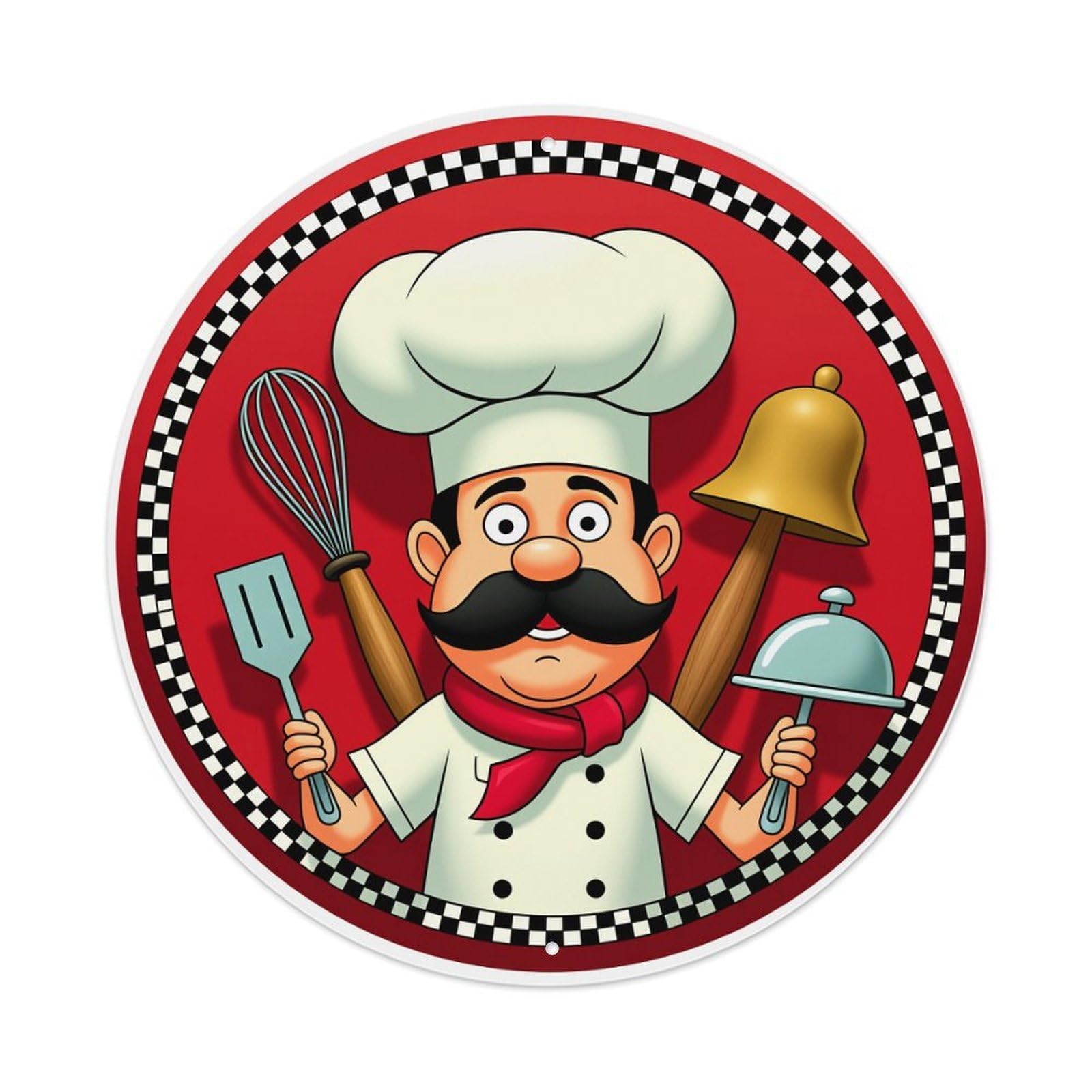 Chef With Utensils And Bell Round Tin Sign Vintage Style Metal Sign Home Bar Garden Wall Plaque Decor Metal Poster 8x8 Inch