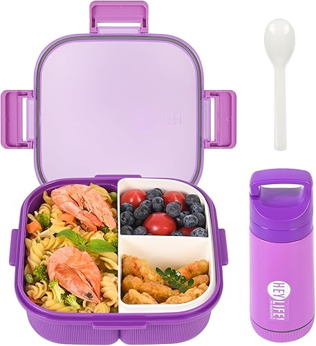 Lonchera Bento para niños y adultos, lonchera morada para niños con compartimentos extraíbles, taza de agua y utensilios, sin BPA, a prueba de