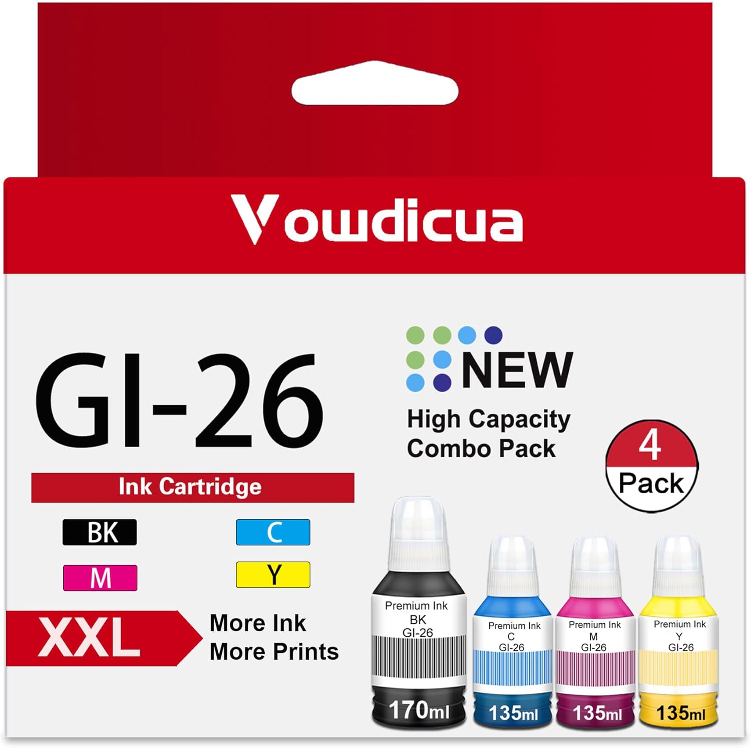 GI-26 Ink Bottles High Capacity GI 26 Ink Refill Bottles Replacement for Canon MAXIFY GX7020 GX5020 GX7021 GX6020 GX6021 GX4020 GX3020 Printer, 4-Pack (Black, Cyan, Magenta, Yellow)