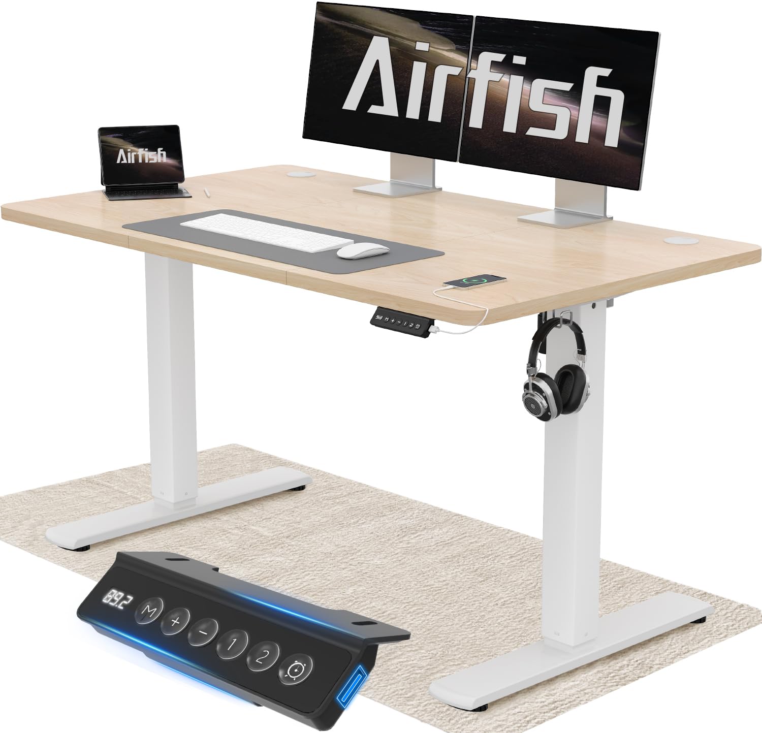 Airfish Escritorio Regulable en Altura con USB, Escritorio eléctrico con función de Memoria, Escritorio eléctrico Regulable en Altura 73-118cm,120x60cm,Beige