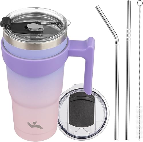 Miniatura 36 de Vaso de 30 onzas con asa y 2 pajitas, 2 tapas, botella de agua aislada de acero inoxidable con vacío, taza de viaje reutilizable, color lavanda