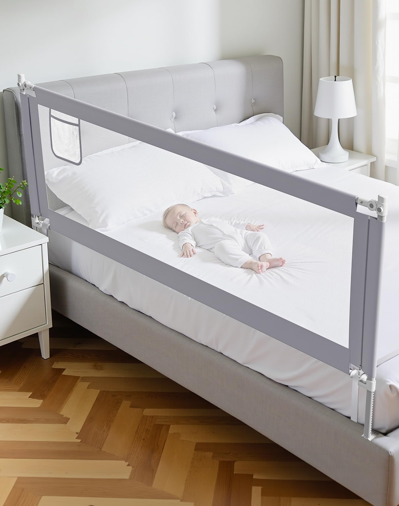 Lertantri Bettschutzgitter Hellgrau 200cm, Rausfallschutz Boxspringbett, Höhenverstellbar, Mit Befestigungsgurten, Ohne Werkzeug Montage (1 Stück)