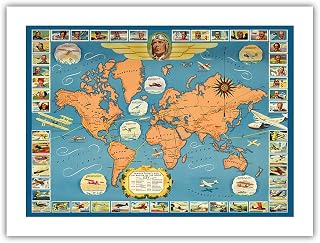 Famous Flights and Air Routes of the World - Pan American Airways - United Air Lines - Vintage Airline Travel Poster c.1937 - Bamboo Fine Art 290gsm Paper Print (Unframed) 18x24in