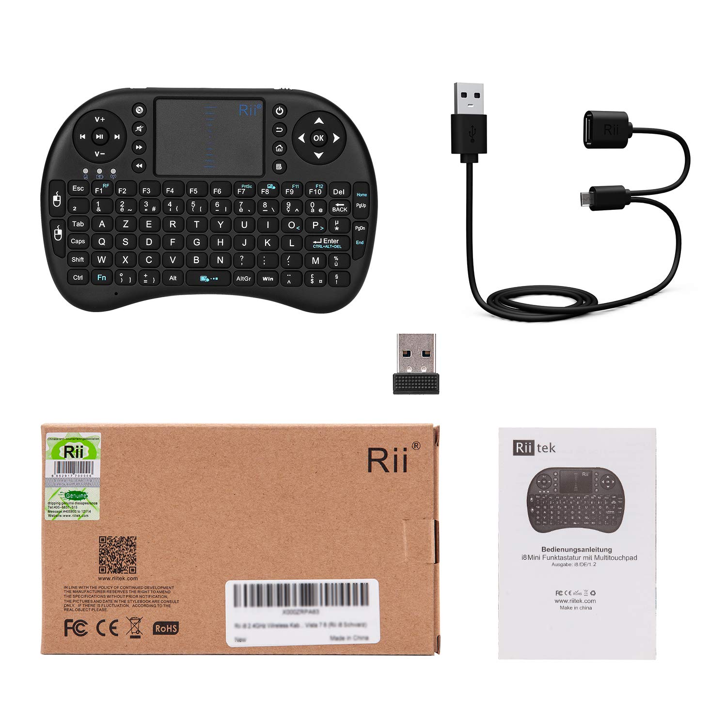 Rii Mini i8 Wireless (AZERTY) - Mini Clavier français, Ergonomique sans Fil avec Touchpad - pour Smart TV, Mini PC, HTPC, Console, Ordinateur