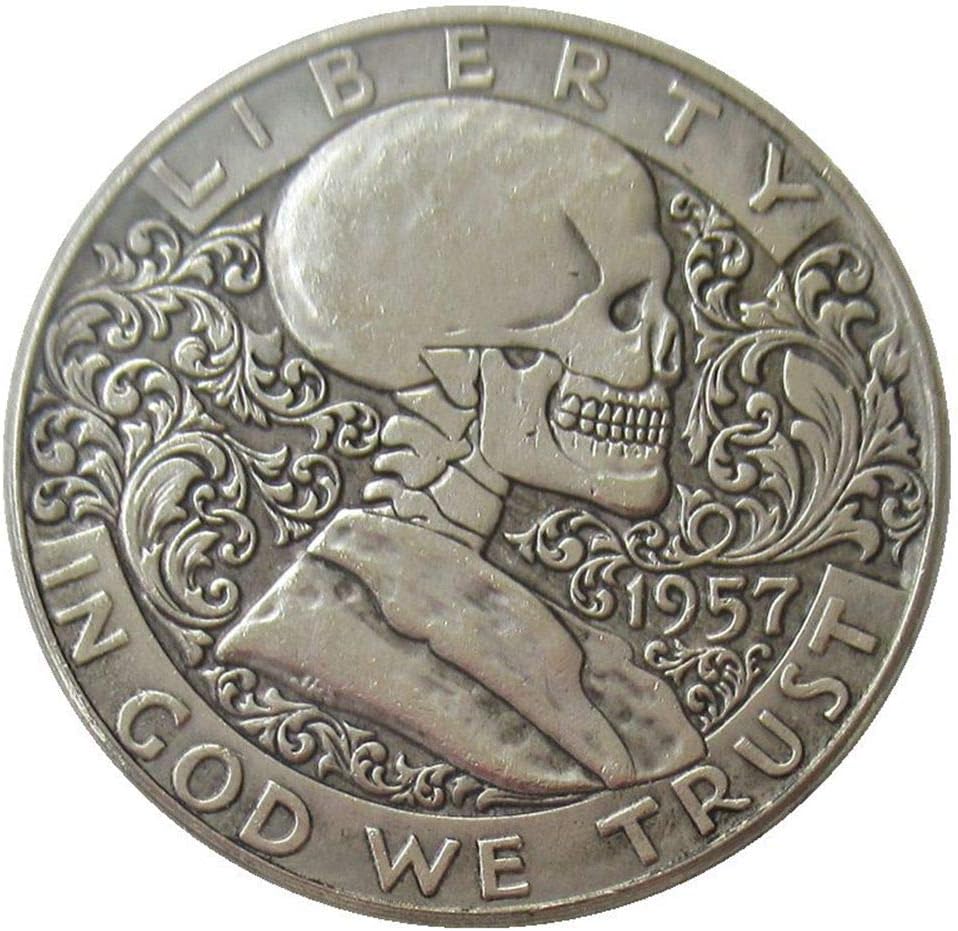 Hobo Copy Coins 1957 Franklin Silver Half Dollar skull zombie skeleton hand carved keychain pendant F03
