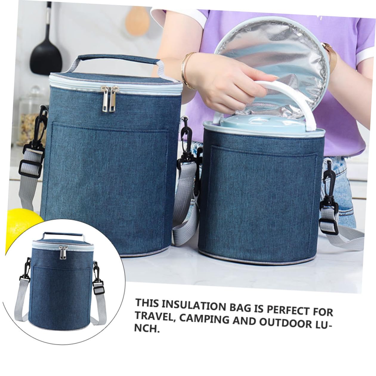 SUPVOX Bolsa Térmica Aislante Redonda Mediana de Tela Oxford Interior de Aluminio Bolsa de Almuerzo Portátil para Camping y Trabajo Isotérmica para Comida Caliente y Fría Color Azul