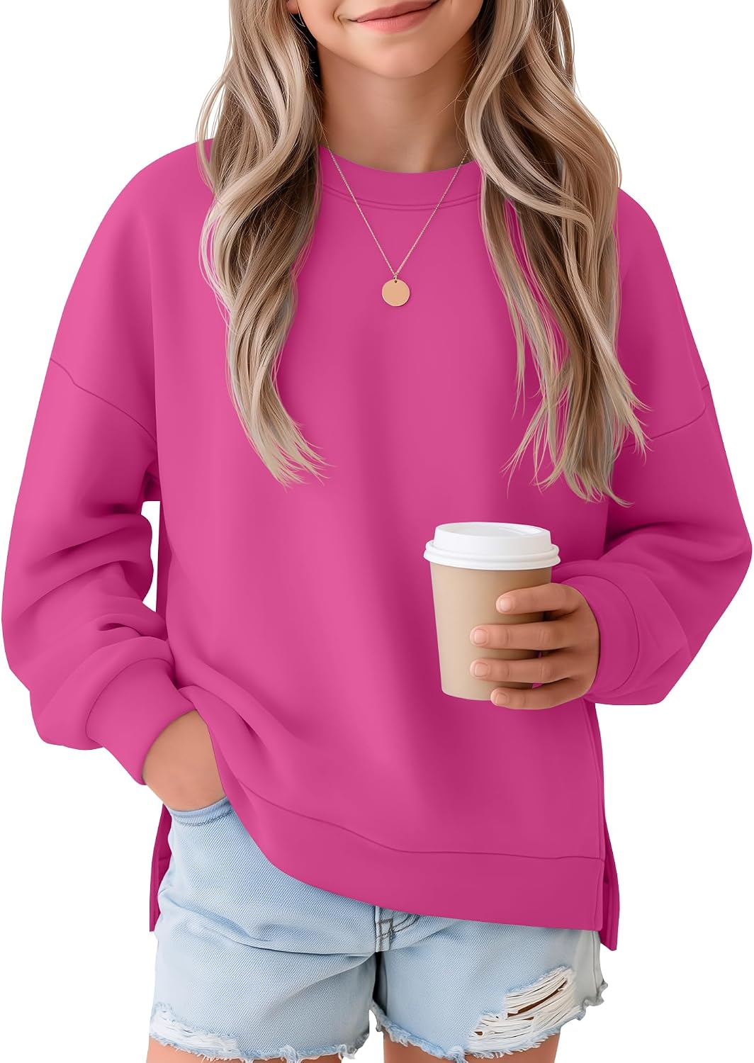 Girls Oversized Long Sleeve Crewneck Shirt 5-14Y