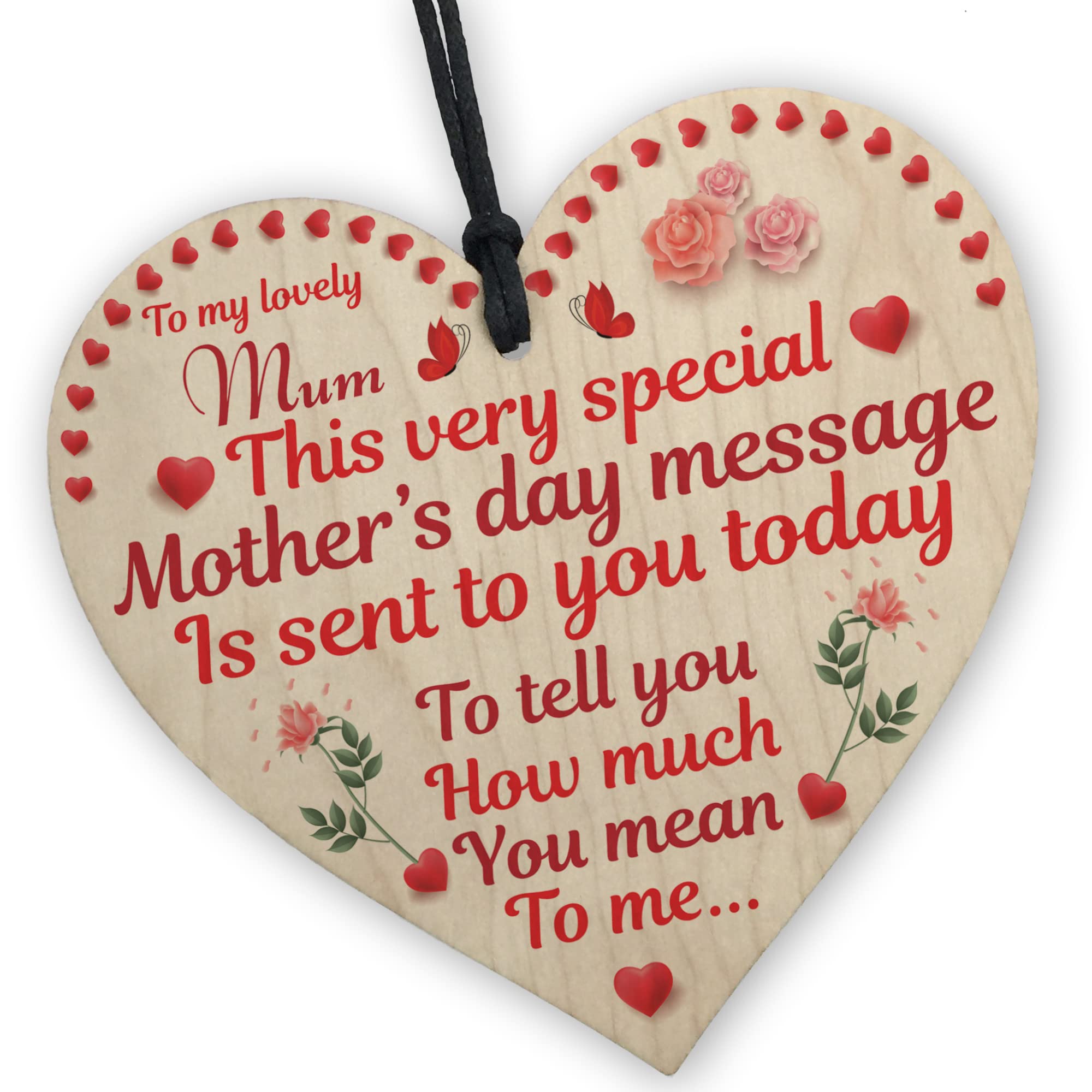 Red Ocean Mothers Day Message Gifts for Mums | Wooden Hanging Heart Gift For Mum | Mothers Day Gift From Daughter Son | Novelty Gift For Mum