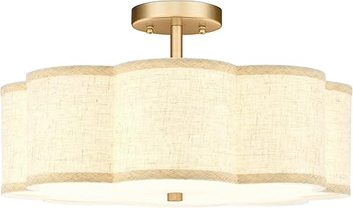 Vista 26 de Luces de Techo Semiempotradas Doradas, Lámpara de Techo de 4 Luces de 18" con Pantalla de Tela en Forma de Flor, Iluminación de Tambor de Latón