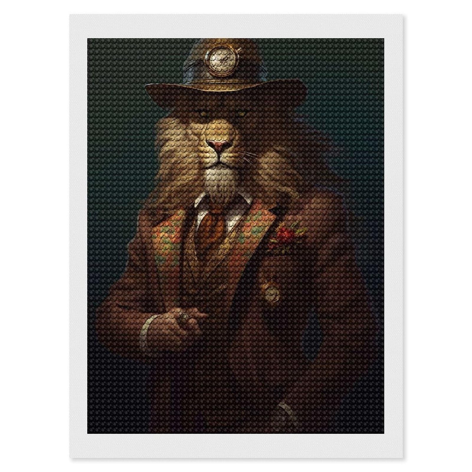 Junmoney Dapper Lion Gentleman with Clockwork Hat Diamond Art Kit 12"x16", Vintage Style Decor, Stress Relief Craft, Decor Project, Relaxing DIY, Creative Hobby