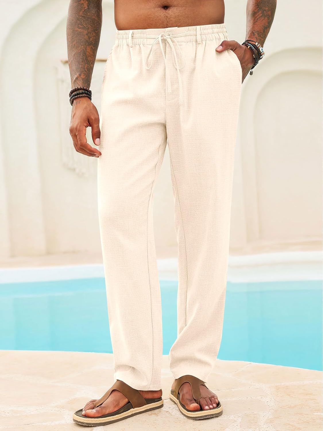 Runcati Mens Casual Pants Linen Elastic Waist Drawstring Lightweight Pants Loose Fit Summer Beach Yoga Trouser - Image 2