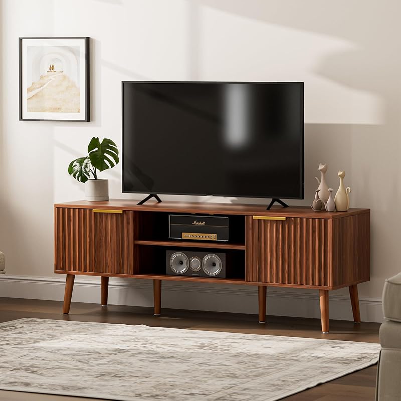 LCRBOL TV Stand with Fluted Doors for TVs up to 65", Mid-Century, Walnut image 6