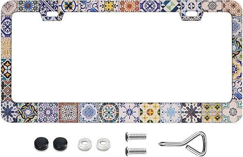 Miniatura 10 de Marcos de matrícula de fondo floral vintage nostálgico retro, marcos de matrícula con protección contra el óxido, acero inoxidable, tornillos